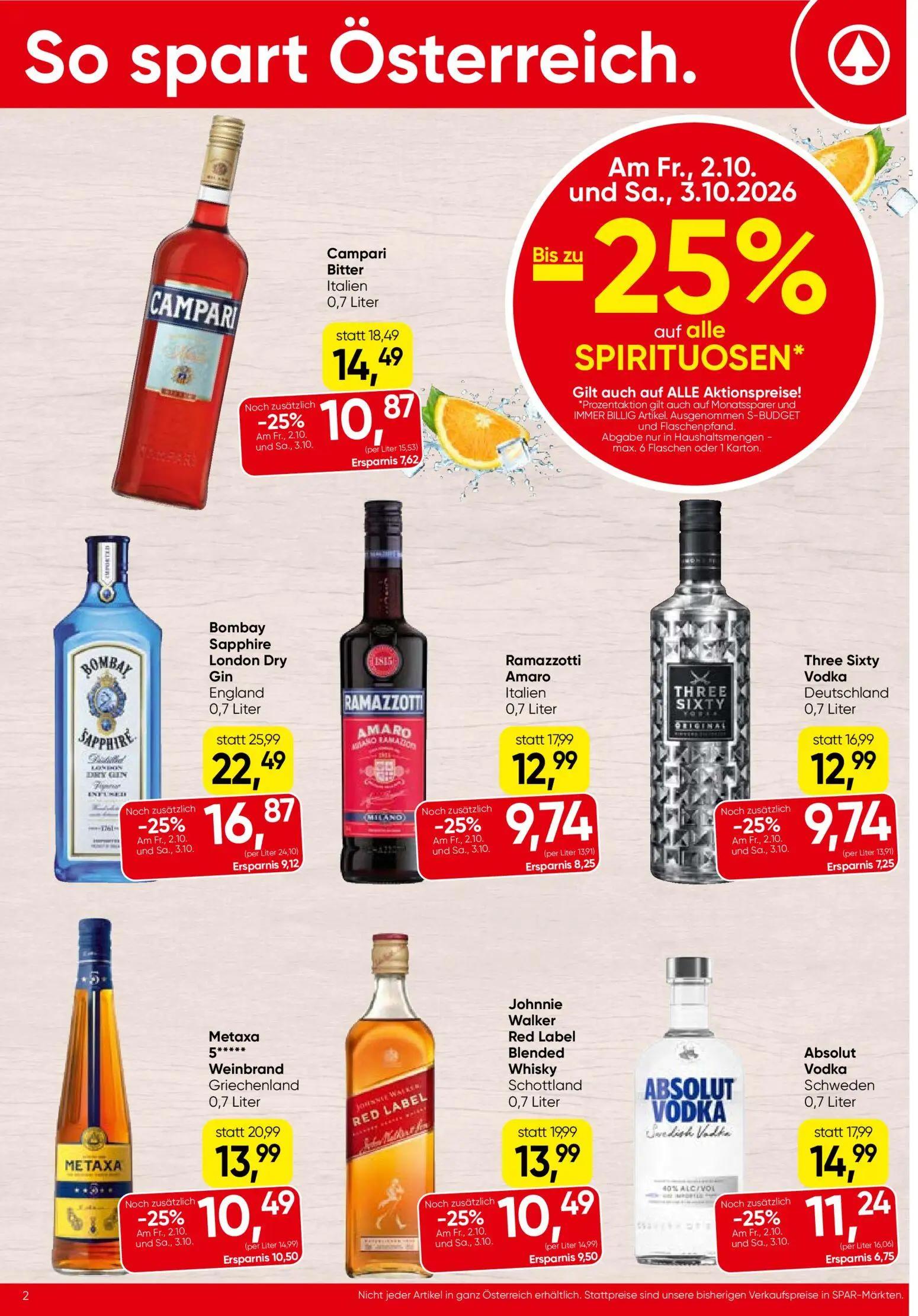 Spar Prospekt, Seite 2 von 16 — Metaxa 5***** Weinbrand, Johnnie Walker Red Label Blended Whisky, Bombay Sapphire London Dry…