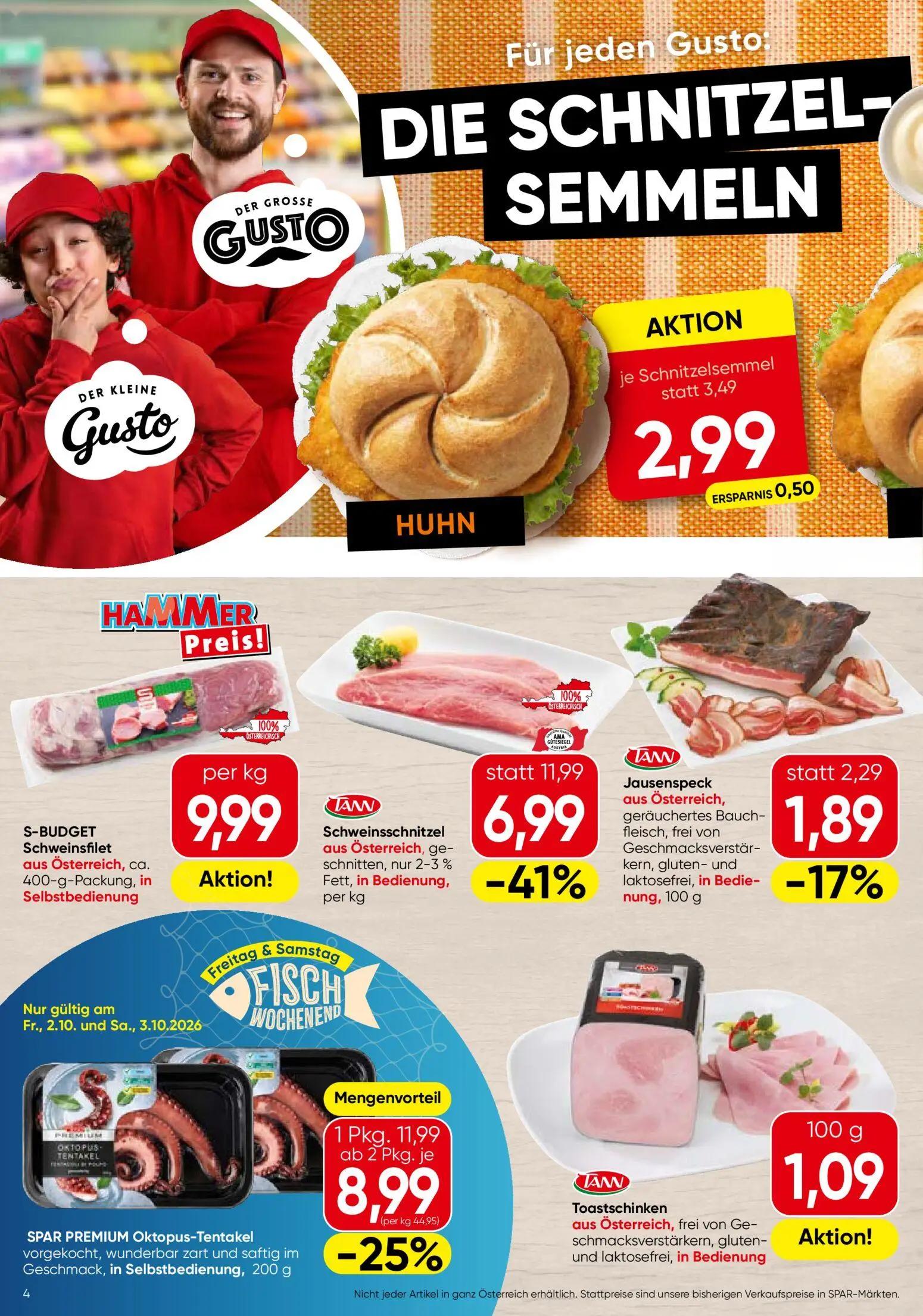 Spar Prospekt, Seite 4 von 16 — Schweinsschnitzel aus Österreich, SPAR PREMIUM Oktopus-Tentakel, Schnitzelsemmel