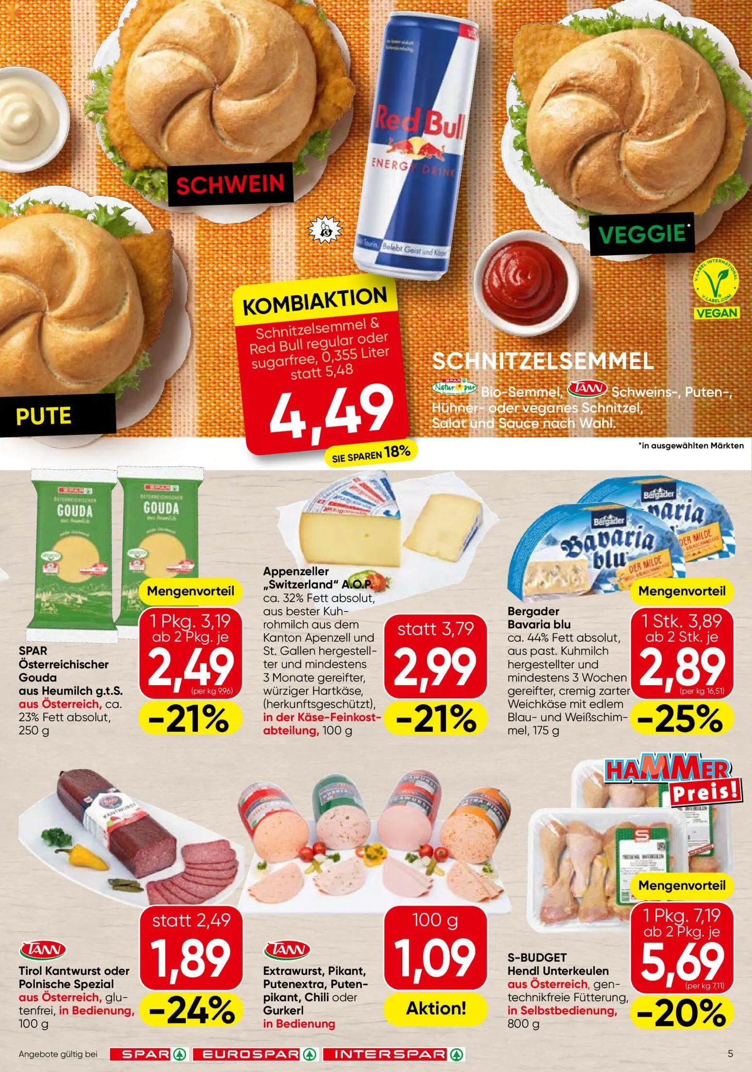 Spar Prospekt, Seite 5 von 16 — S-BUDGET Hendl Unterkeulen aus Österreich, Bergader Bavaria blu, Schnitzelsemmel & Red Bull …