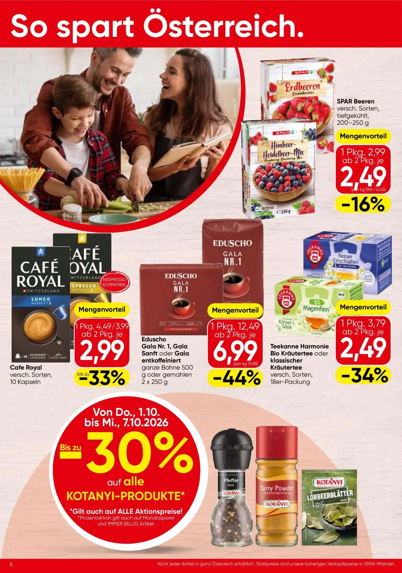 Spar Prospekt, Seite 6 von 16 — Eduscho Gala Nr. 1, Gala Sanft oder Gala entkoffeiniert, Cafe Royal versch. Sorten, Teekanne…