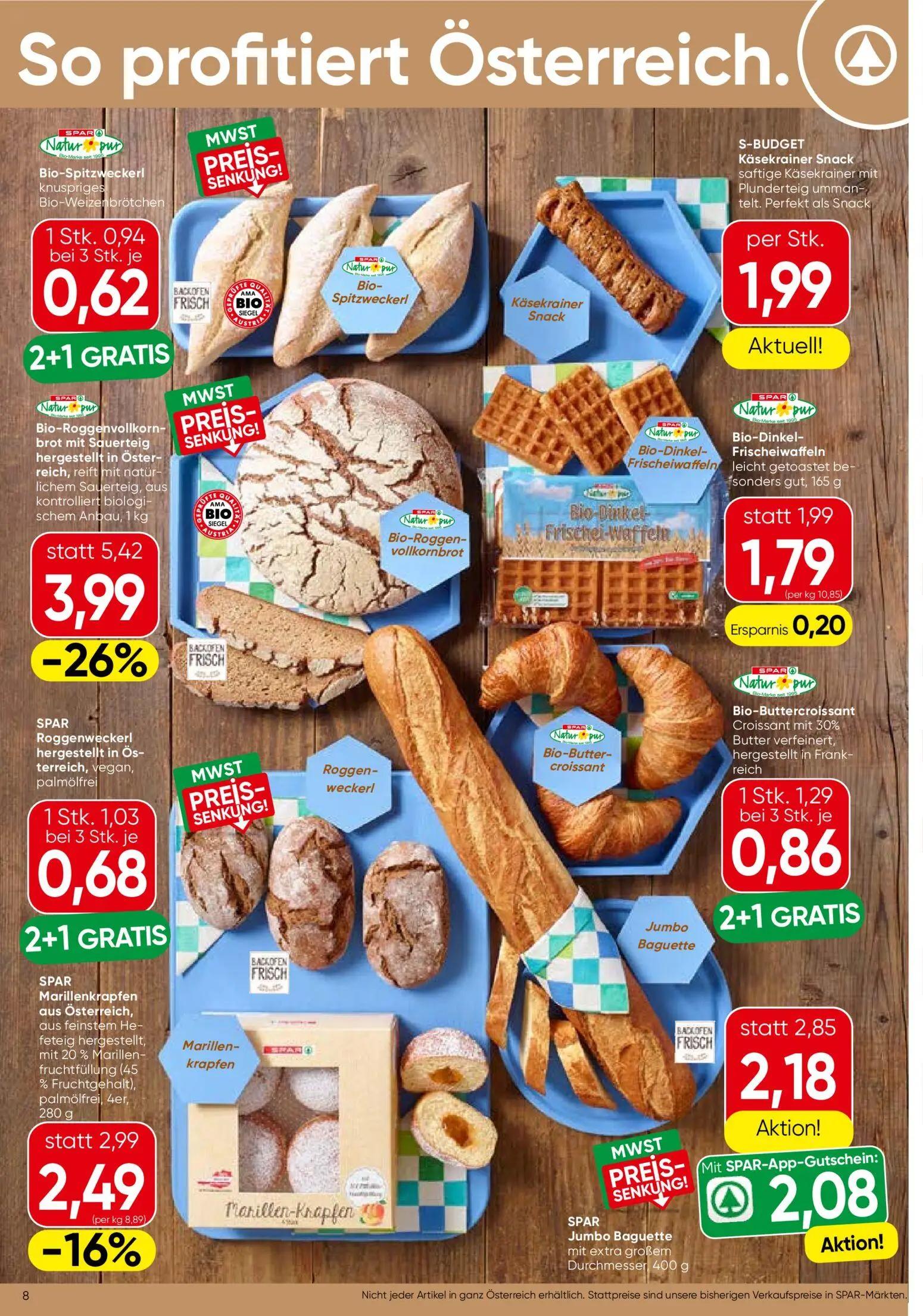 Spar Prospekt, Seite 8 von 16 — Bio-Roggenvollkornbrot mit Sauerteig, Jumbo Baguette, Marillenkrapfen