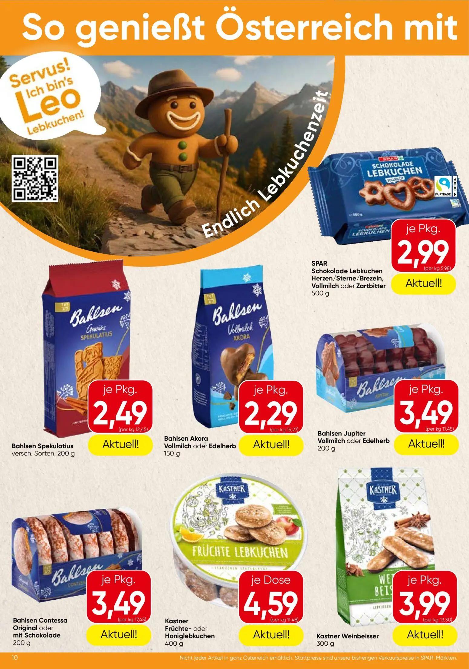 Spar Prospekt, Seite 10 von 16 — SPAR Schokolade Lebkuchen Herzen/Sterne/Brezeln, Vollmilch oder Zartbitter, Bahlsen Spekula…