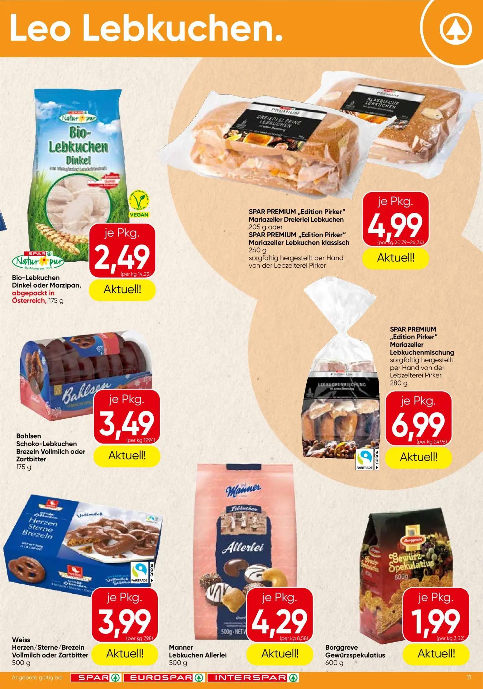 Spar Prospekt, Seite 11 von 16 — Bio-Lebkuchen Dinkel oder Marzipan, abgepackt in Österreich, SPAR PREMIUM „Edition Pirker" …