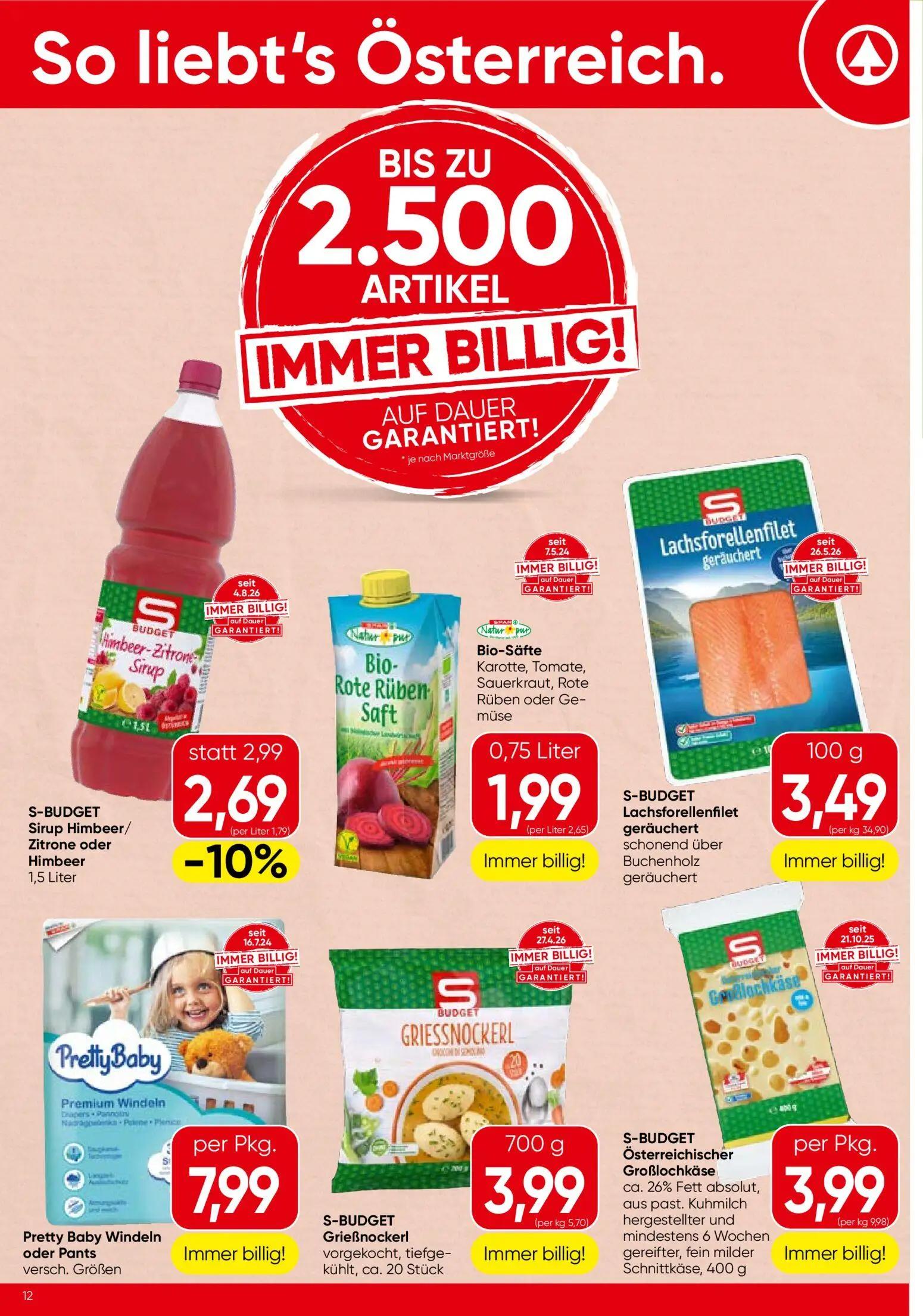 Spar Prospekt, Seite 12 von 16 — S-BUDGET Sirup Himbeer/Zitrone oder Himbeer, Bio-Säfte Karotte, Tomate, Sauerkraut, Rote Rü…