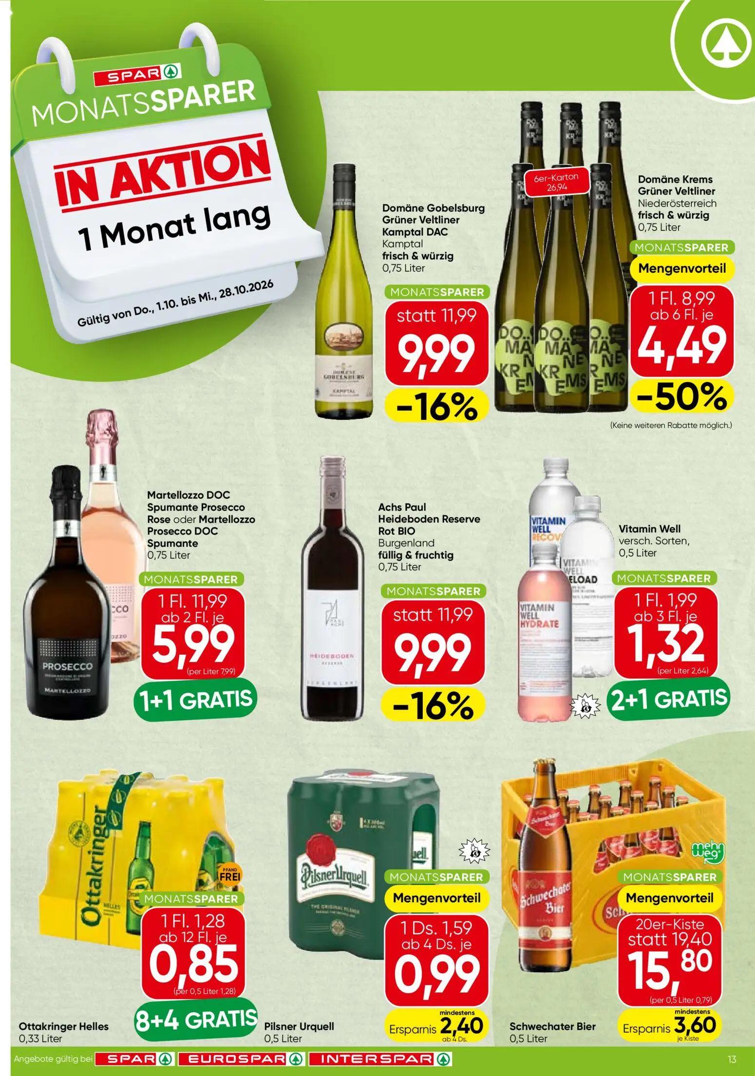 Spar Prospekt, Seite 13 von 16 — Martellozzo DOC Spumante Prosecco Rose oder Martellozzo Prosecco DOC Spumante, Domäne Krems…