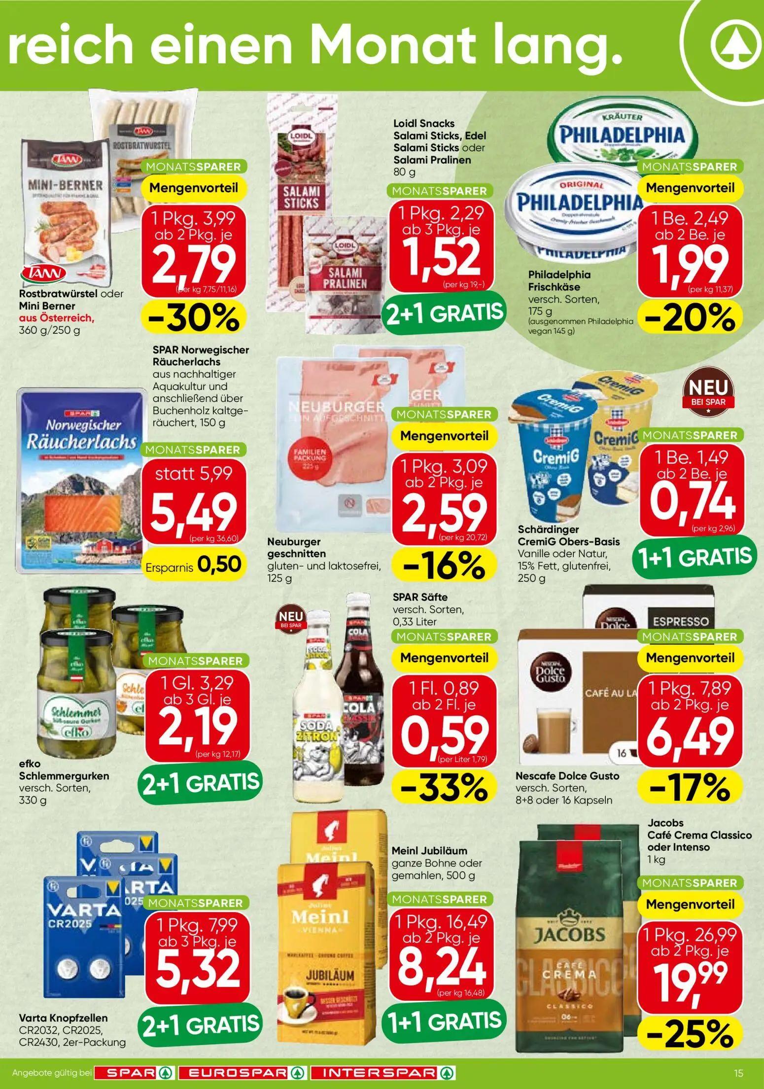 Spar Prospekt, Seite 15 von 16 — Meinl Jubiläum ganze Bohne oder gemahlen,, Jacobs Café Crema Classico oder Intenso, Varta K…