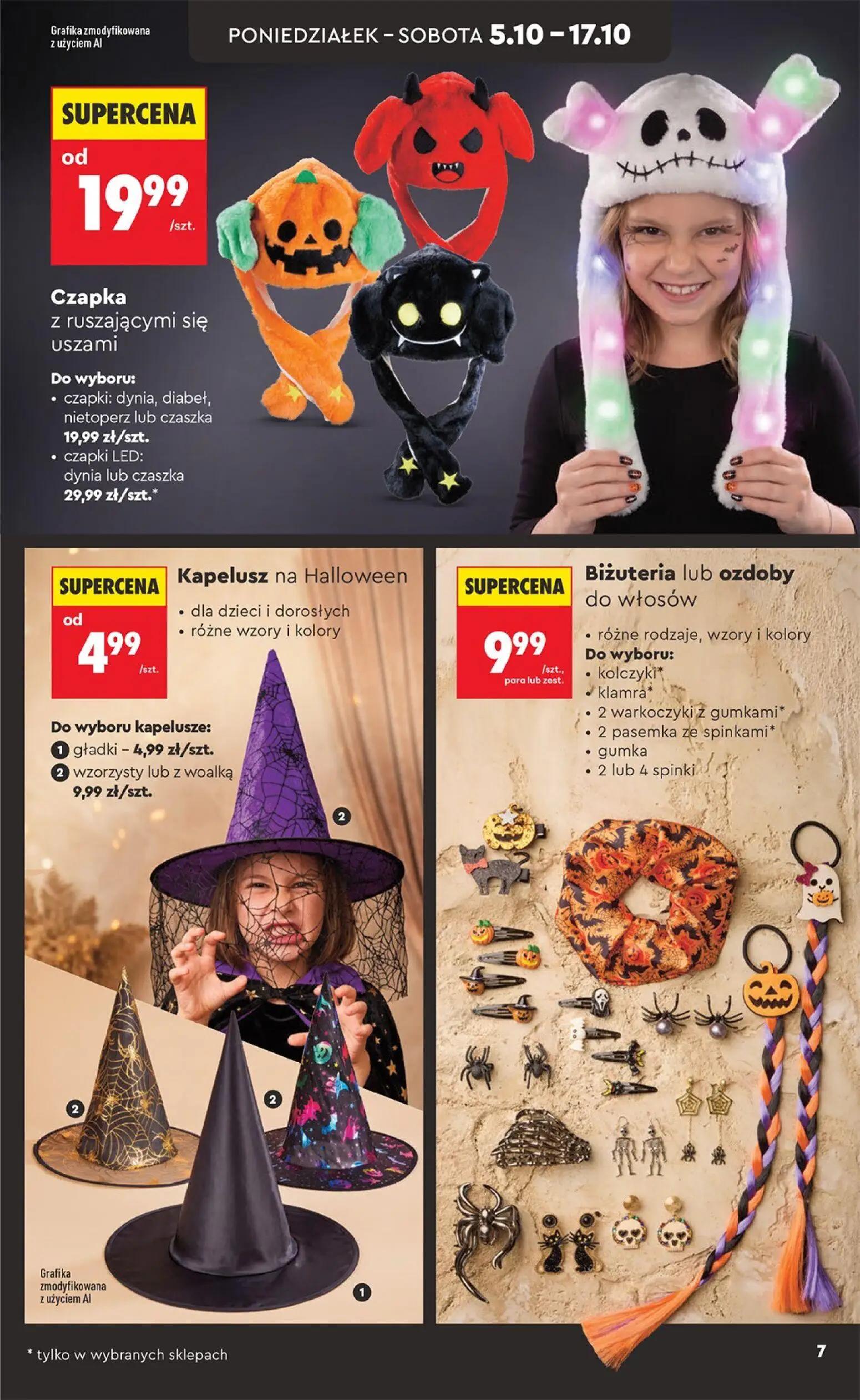 Biedronka gazetka, strona 7 z 44 — Czapka z ruszającymi się uszami, czapki LED: dynia lub czaszka, Kapelusz na Halloween