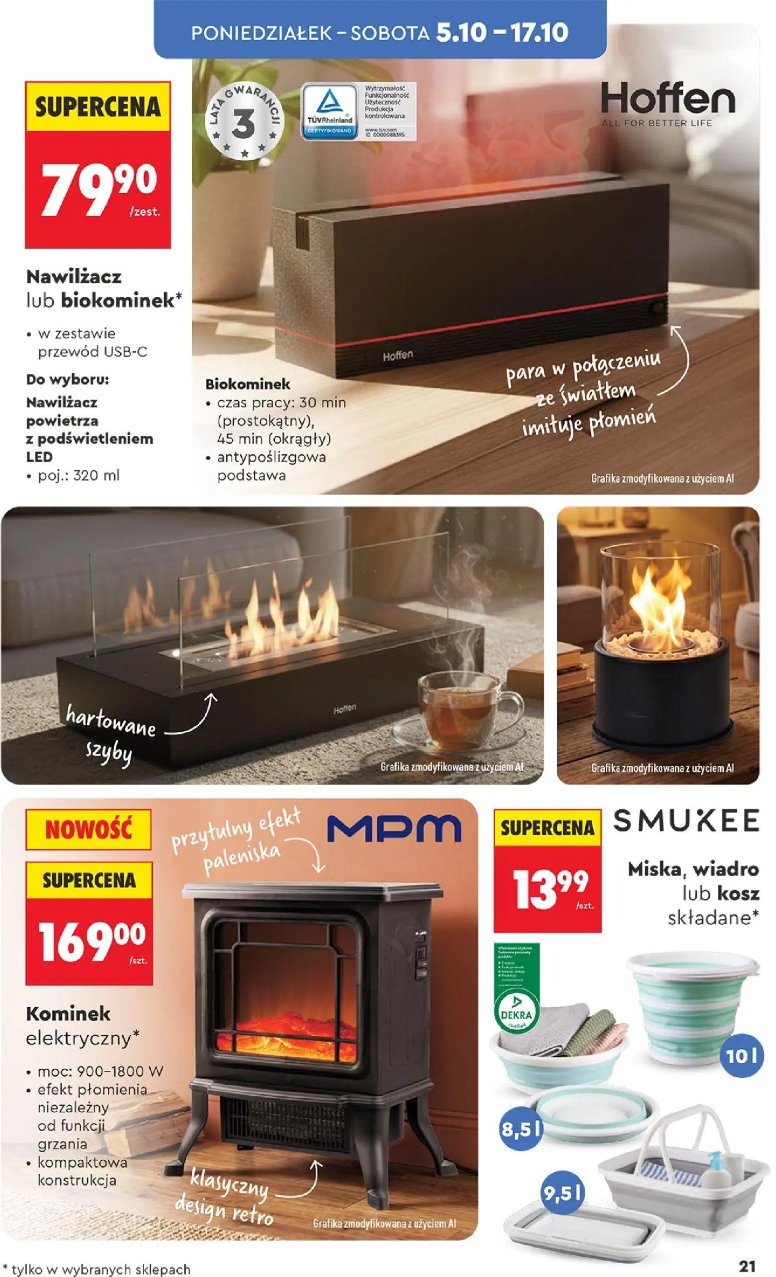 Biedronka gazetka, strona 21 z 44 — Nawilżacz lub biokominek, Kominek elektryczny, Miska, wiadro lub kosz składane