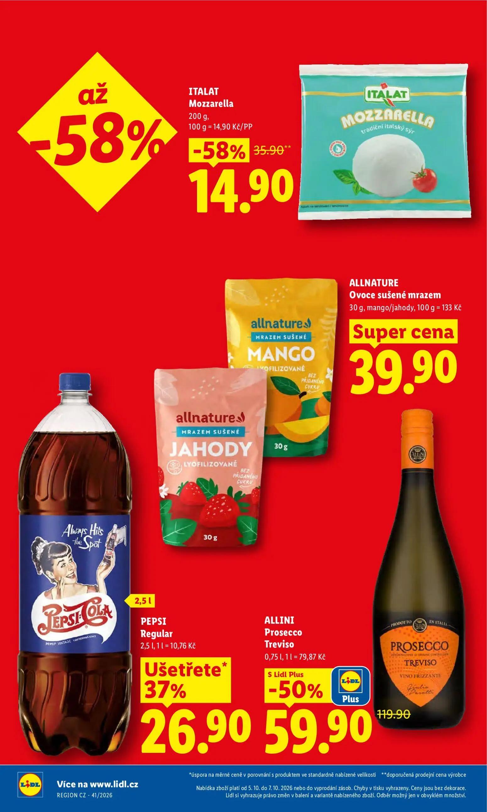 Lidl leták, strana 2 z 53 — ALLINI Prosecco Treviso, ITALAT Mozzarella, PEPSI Regular