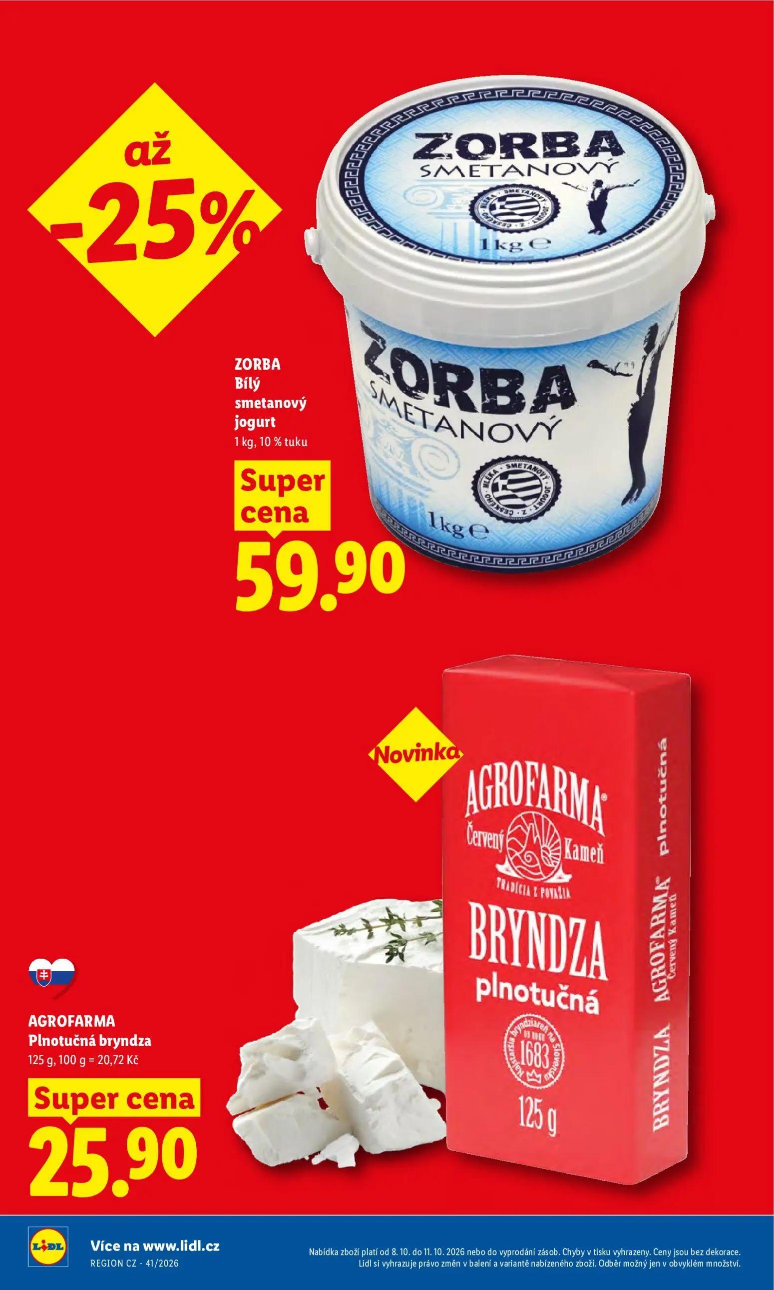 Lidl leták, strana 8 z 52 — ZORBA Bílý smetanový jogurt, AGROFARMA Plnotučná bryndza