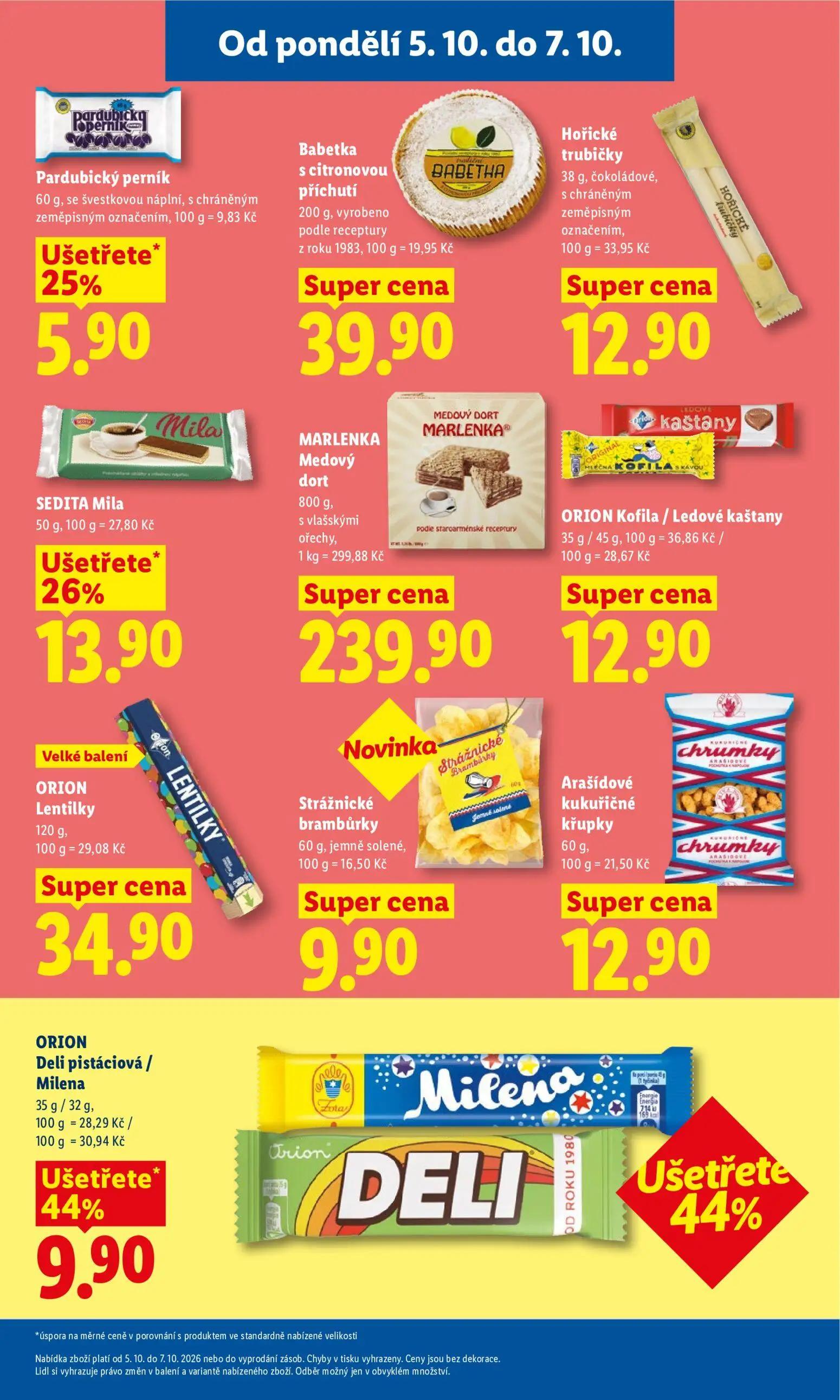 Lidl leták, strana 23 z 53 — ORION Deli pistáciová / Milena, SEDITA Mila, Pardubický perník
