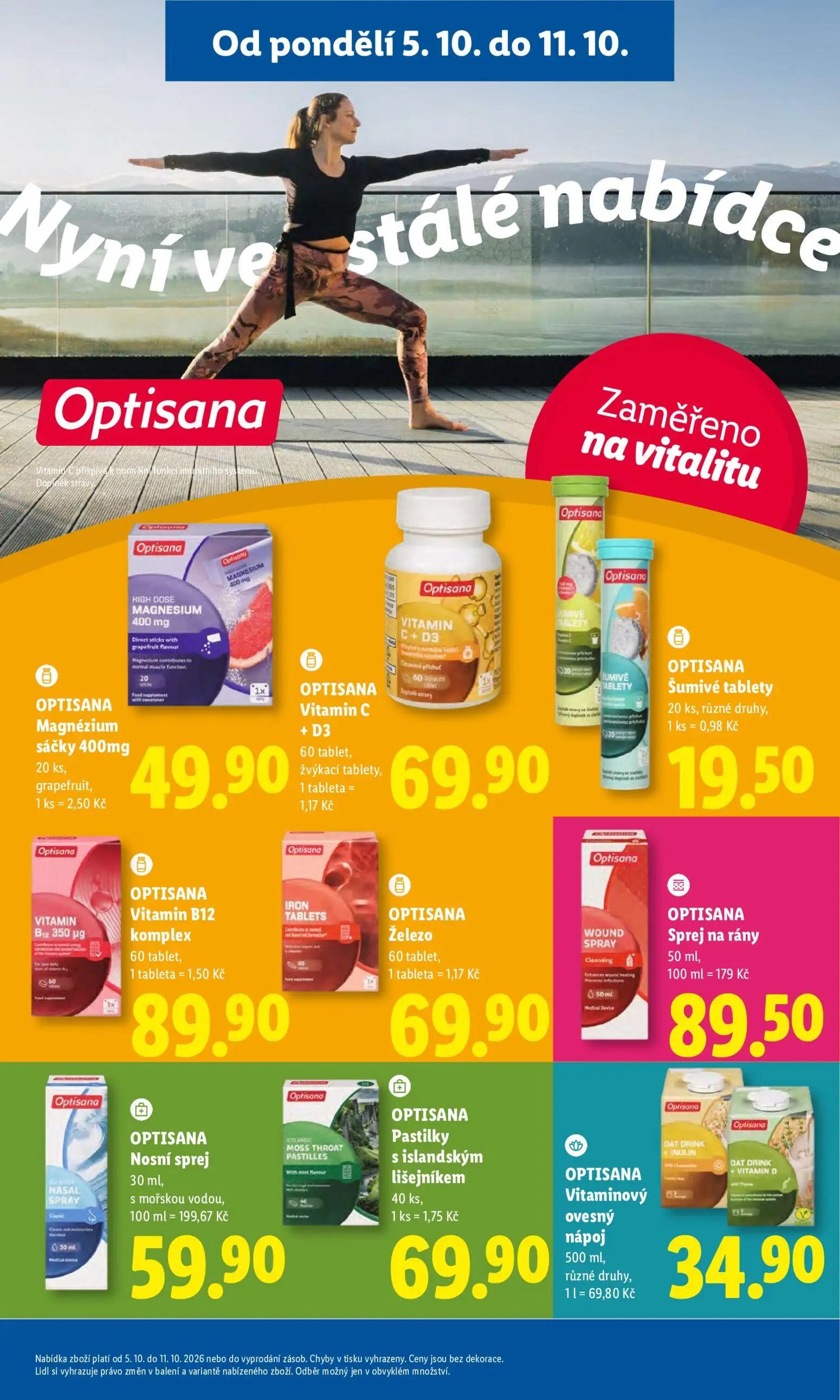 Lidl leták, strana 34 z 53 — OPTISANA Magnézium sáčky 400mg, OPTISANA Vitamin C + D3, OPTISANA Šumivé tablety