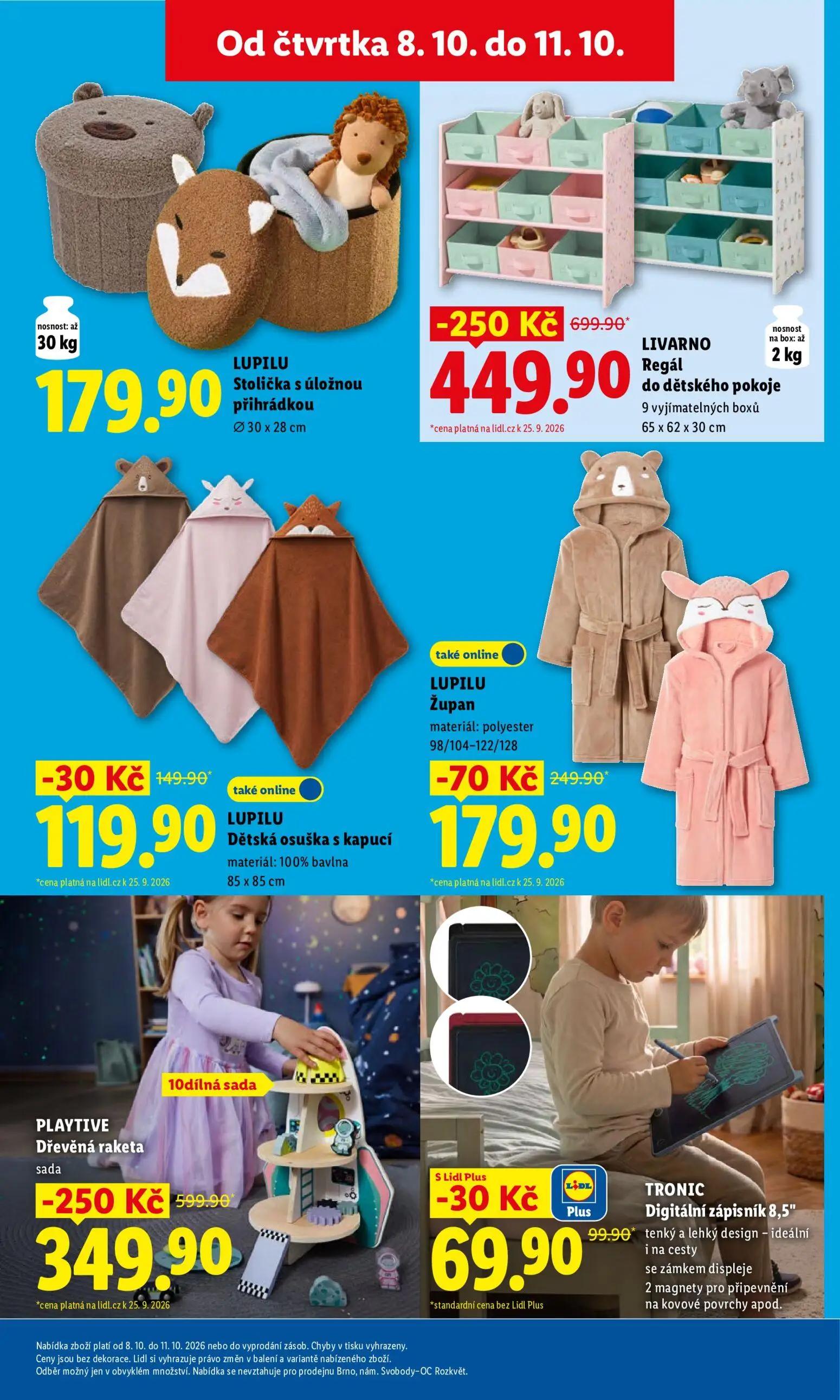 Lidl leták, strana 37 z 52 — Regál do dětského pokoje, Dřevěná raketa, Župan