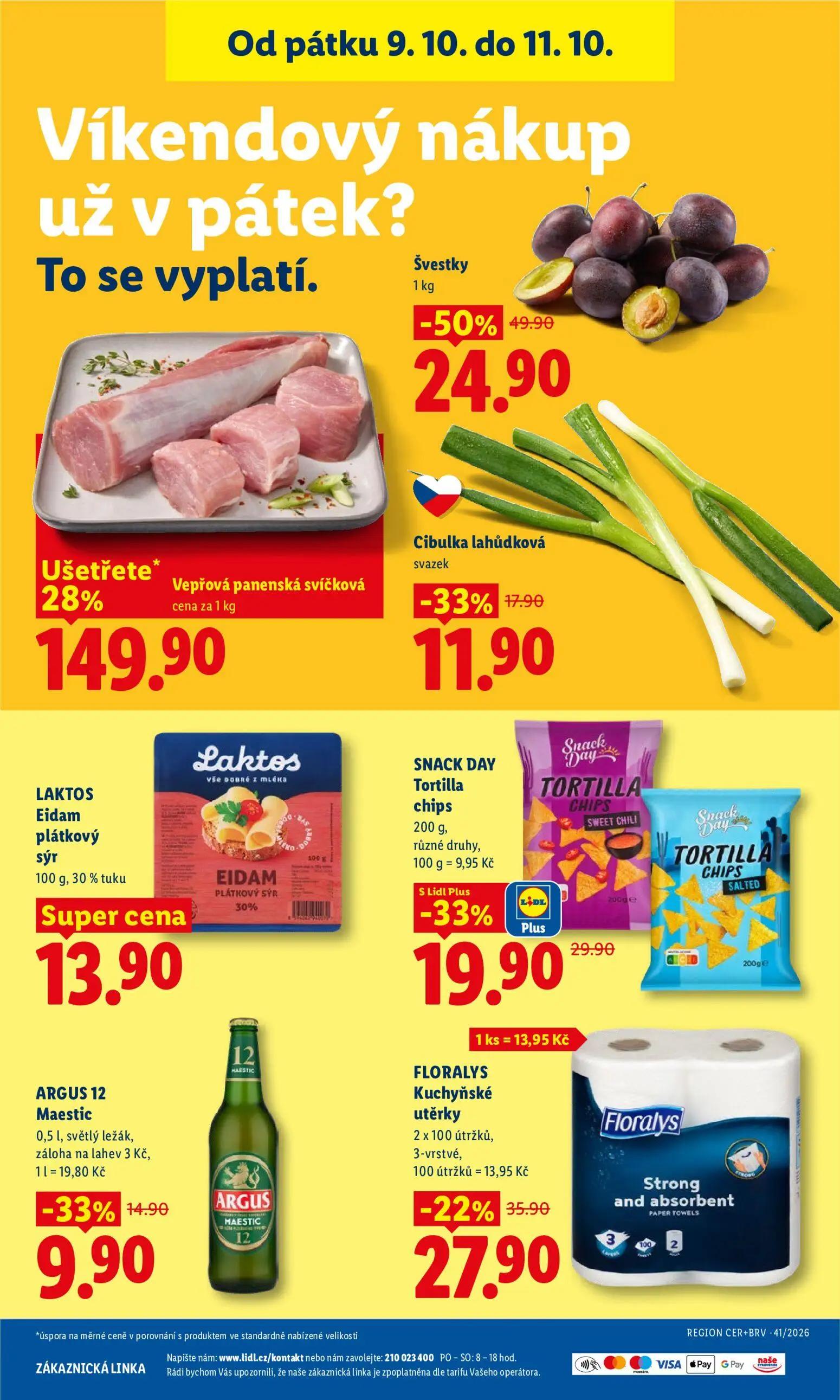 Lidl leták, strana 49 z 52 — Vepřová panenská svíčková, Švestky, SNACK DAY Tortilla chips
