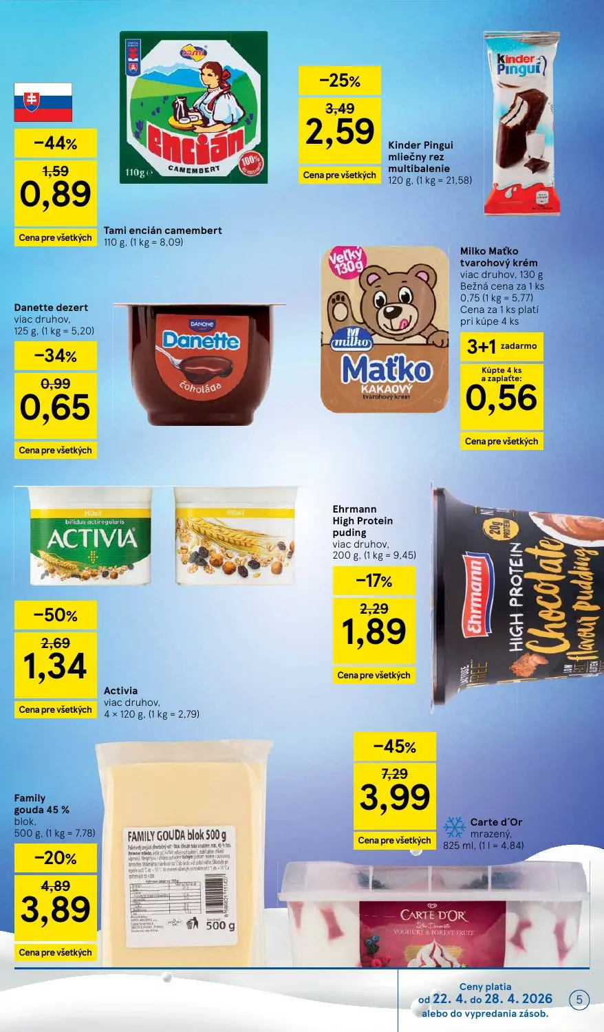 Tesco Supermarket leták, strana 5 z 28 — Activia, Kinder Pingui mliečny rez multibalenie, Tami encián camembert