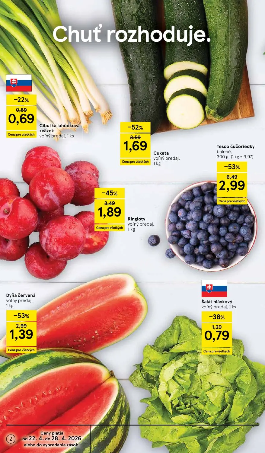 Tesco Supermarket leták, strana 2 z 28 — Tesco čučoriedky balené, Cibuľka lahôdková zväzok
