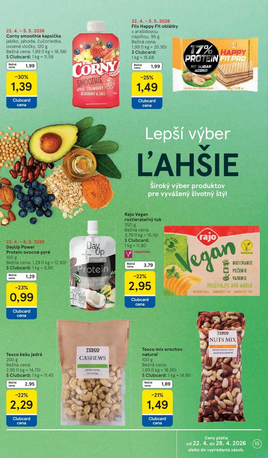 Tesco Supermarket leták, strana 15 z 28 — Rajo Vegan roztierateľný tuk, DayUp Power Protein ovocné pyré