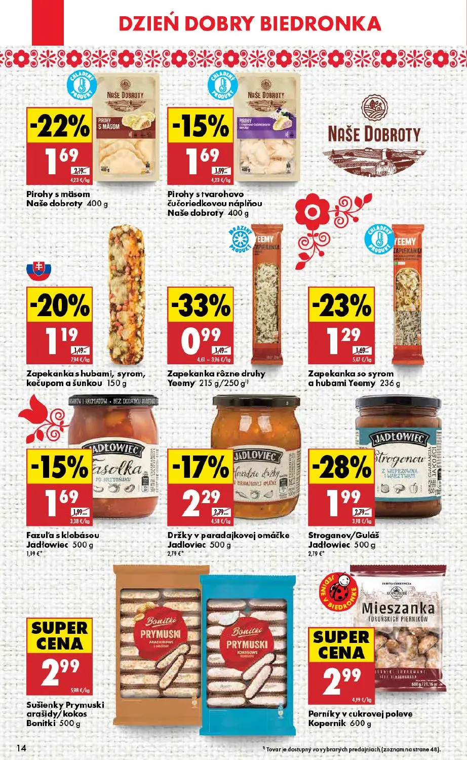 Biedronka leták, strana 14 z 48 — Držky v paradajkovej omáčke Jadłowiec, Zapekanka so syrom a hubami Yeemy, Pirohy s tvaroho…
