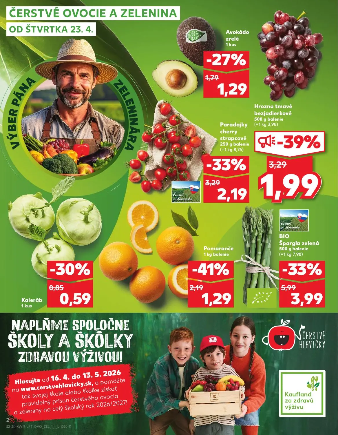 Kaufland leták, strana 2 z 76 — BIO Špargľa zelená, Hrozno tmavé bezjadierkové, Kaleráb
