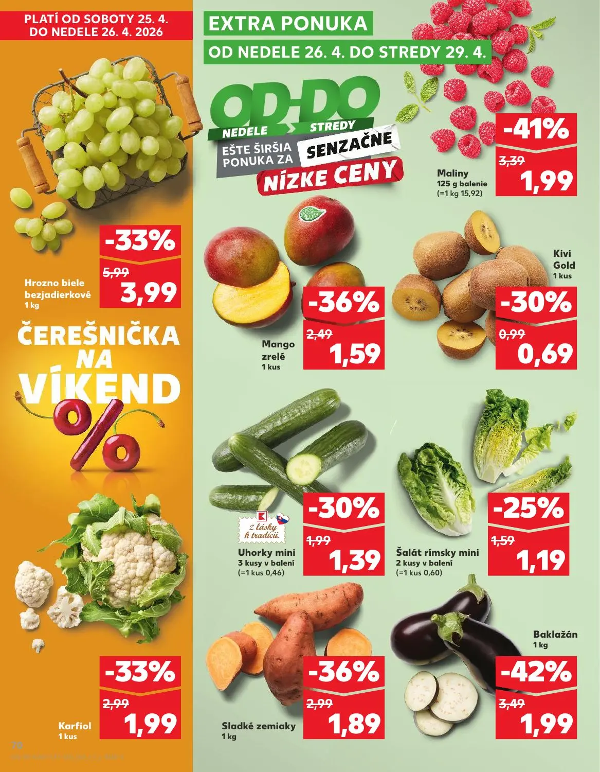 Kaufland leták, strana 70 z 76 — Hrozno biele bezjadierkové, Baklažán, Karfiol
