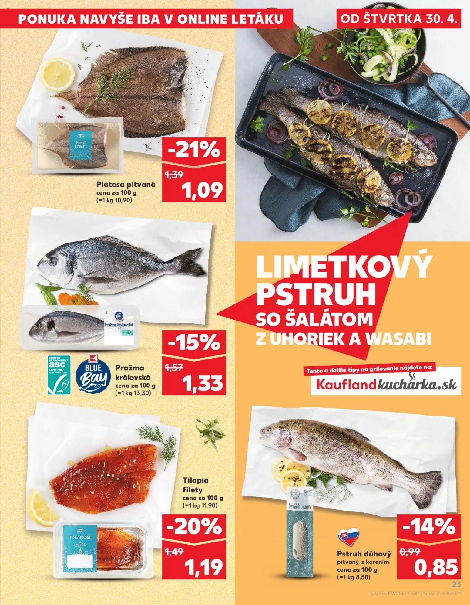 Kaufland leták, strana 23 z 72 — Platesa pitvaná, Tilapia filety, Pražma kráľovská