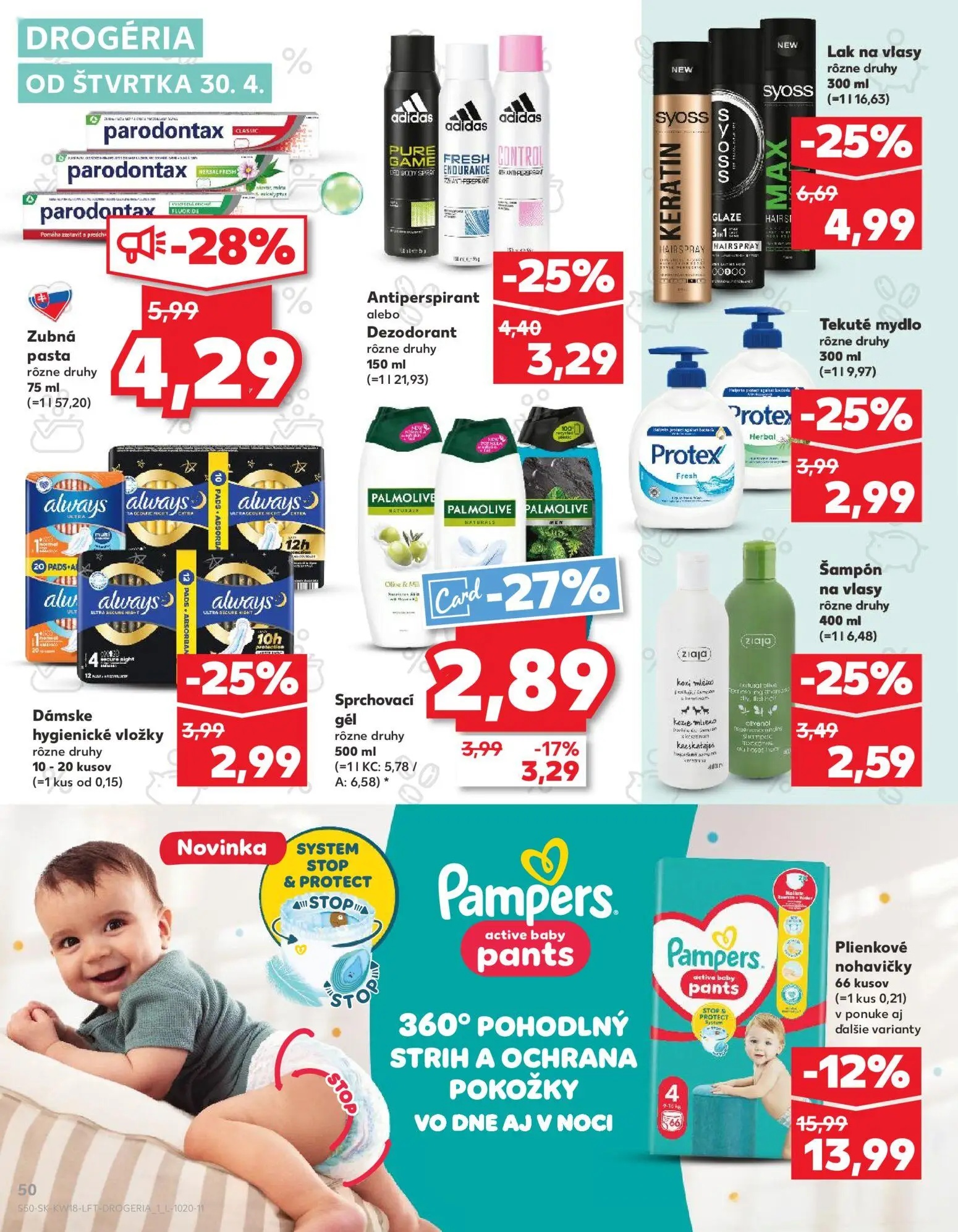 Kaufland leták, strana 50 z 72 — Plienkové nohavičky Pampers active baby pants, Zubná pasta, Lak na vlasy Syoss