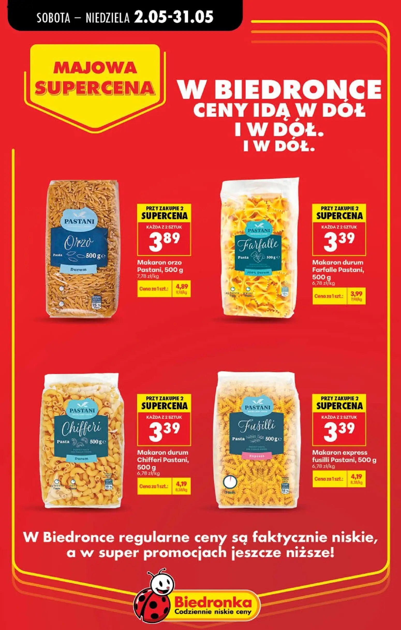 Biedronka gazetka, strona 14 z 21 — Makaron orzo Pastani, Makaron durum Chifferi Pastani, Makaron express fusilli Pastani
