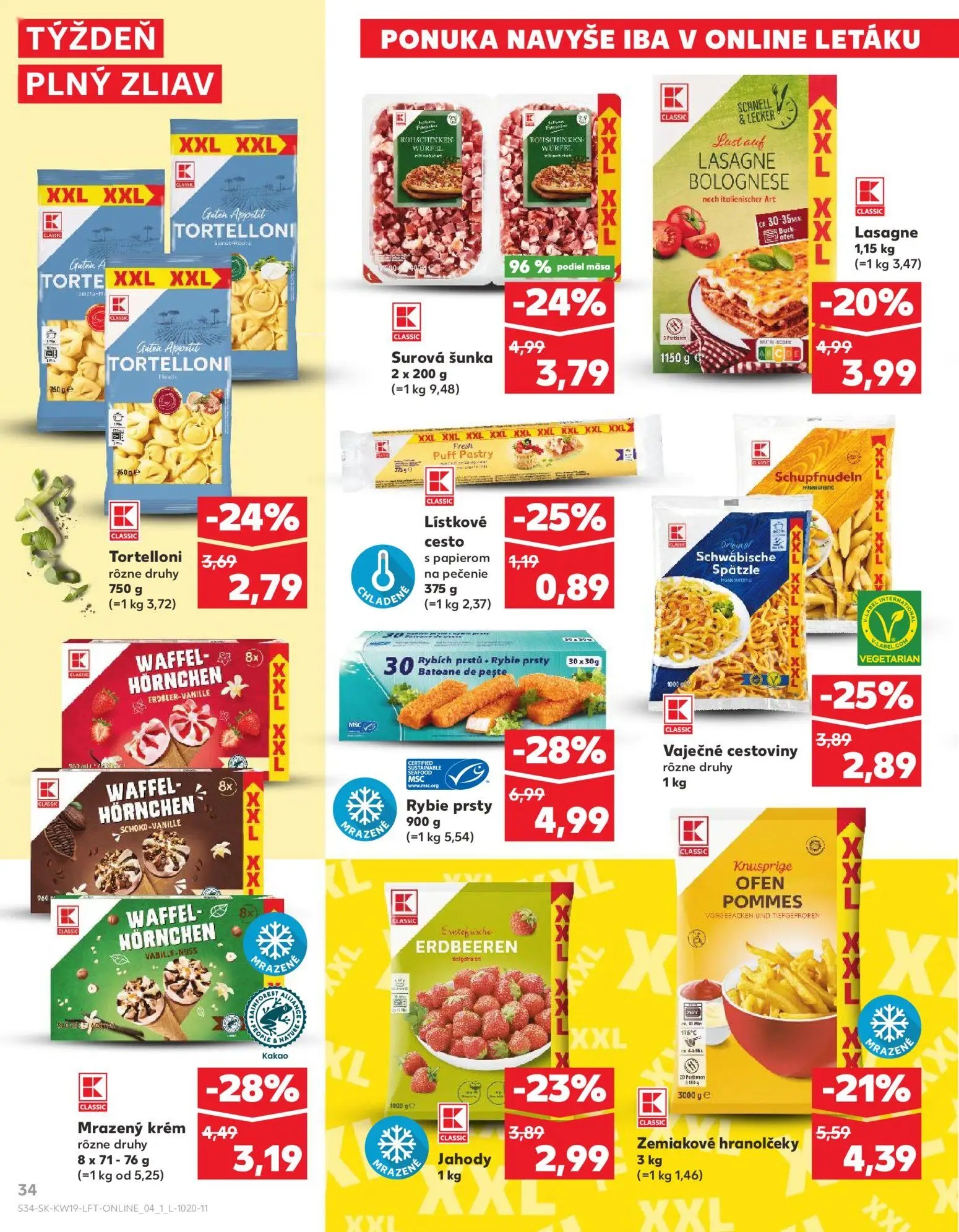 Kaufland leták, strana 34 z 76 — Surová šunka, Zemiakové hranolčeky, Jahody