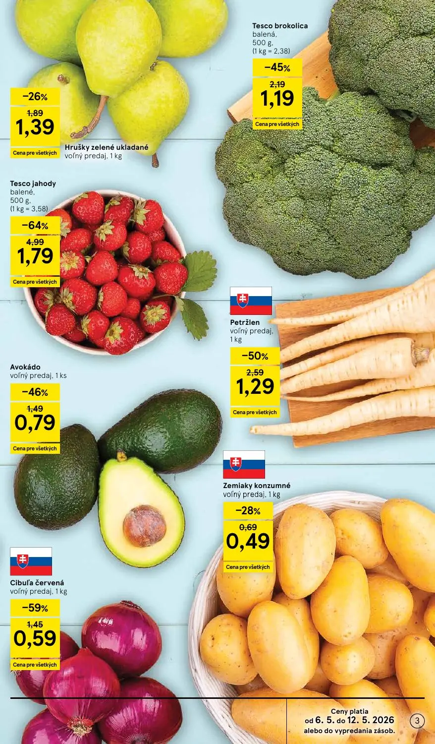 Tesco Supermarket leták, strana 3 z 31 — Petržlen voľný predaj, Tesco brokolica balená, Avokádo voľný predaj