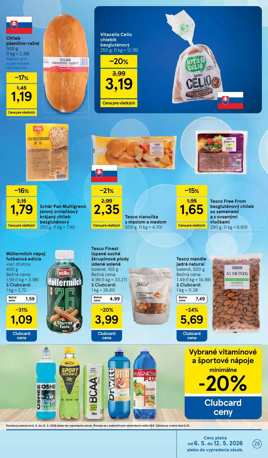 Tesco Supermarket leták, strana 25 z 31 — Tesco mandle jadrá natural balené, Tesco Finest lúpané suché škrupinové plody úden…