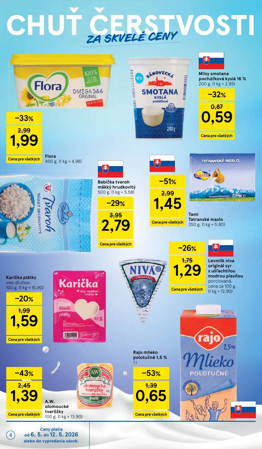Tesco leták, strana 4 z 50 — Tami Tatranské maslo, Babička tvaroh mäkký hrudkovitý, A.W. olomoucké tvarôžky