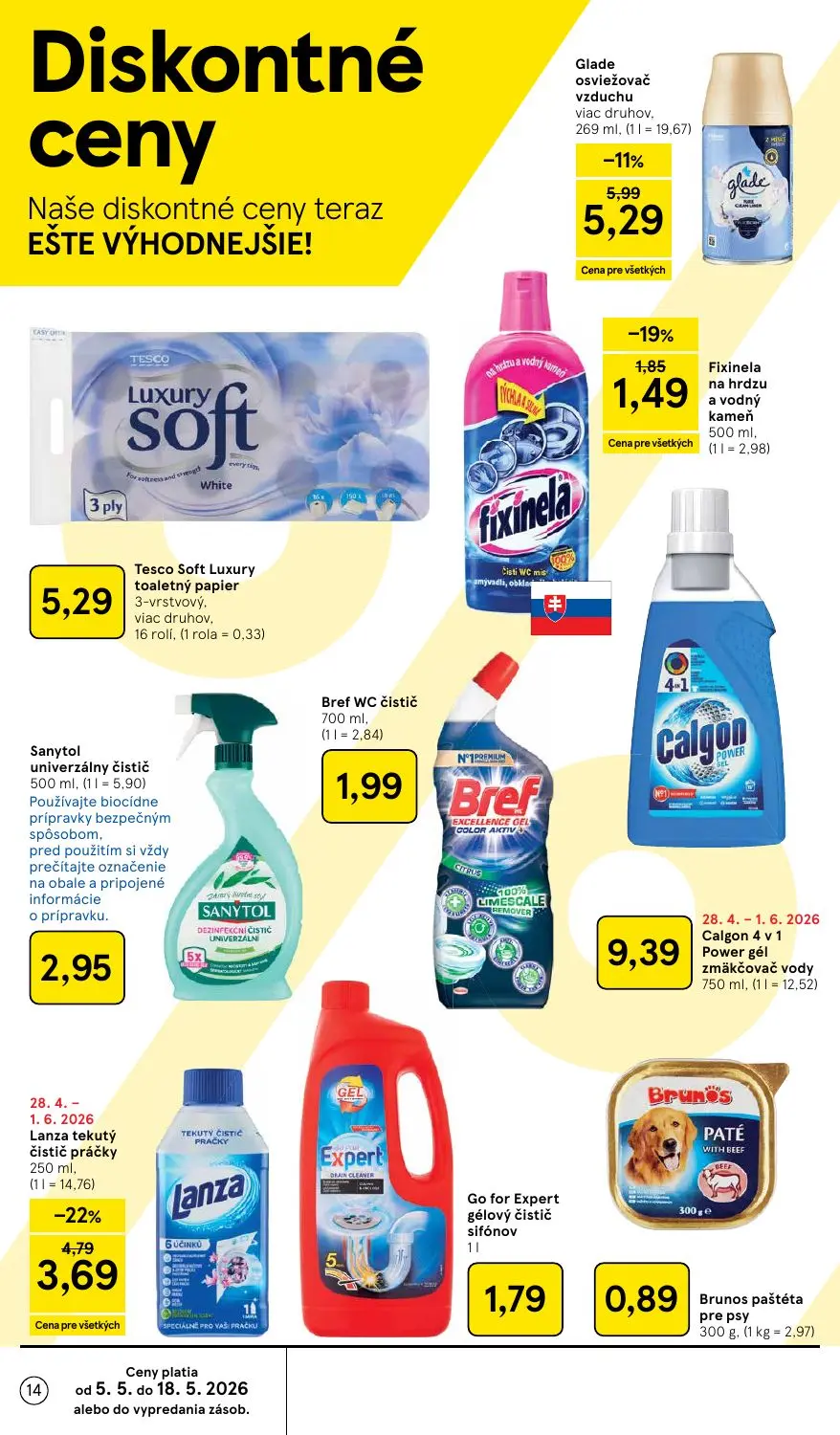 Tesco leták, strana 14 z 50 — Lanza tekutý čistič práčky, Glade osviežovač vzduchu, Fixinela na hrdzu a vodný kameň