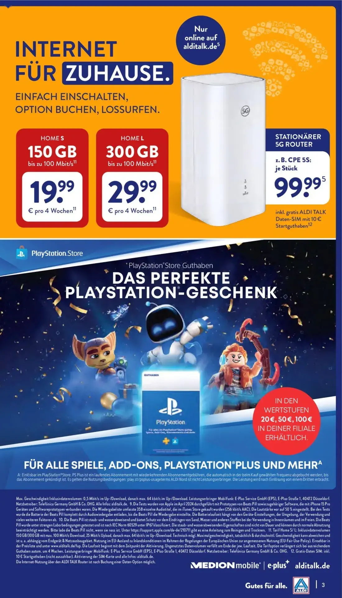 Aldi Nord Prospekt, Seite 3 von 4 — PlayStation Store Guthaben, INTERNET FÜR ZUHAUSE. HOME S, INTERNET FÜR ZUHAUSE. HOME L