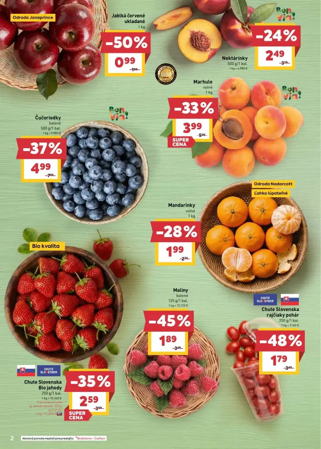 Billa leták, strana 2 z 30 — Čučoriedky balené, Marhule voľné, Chute Slovenska rajčiaky pohár