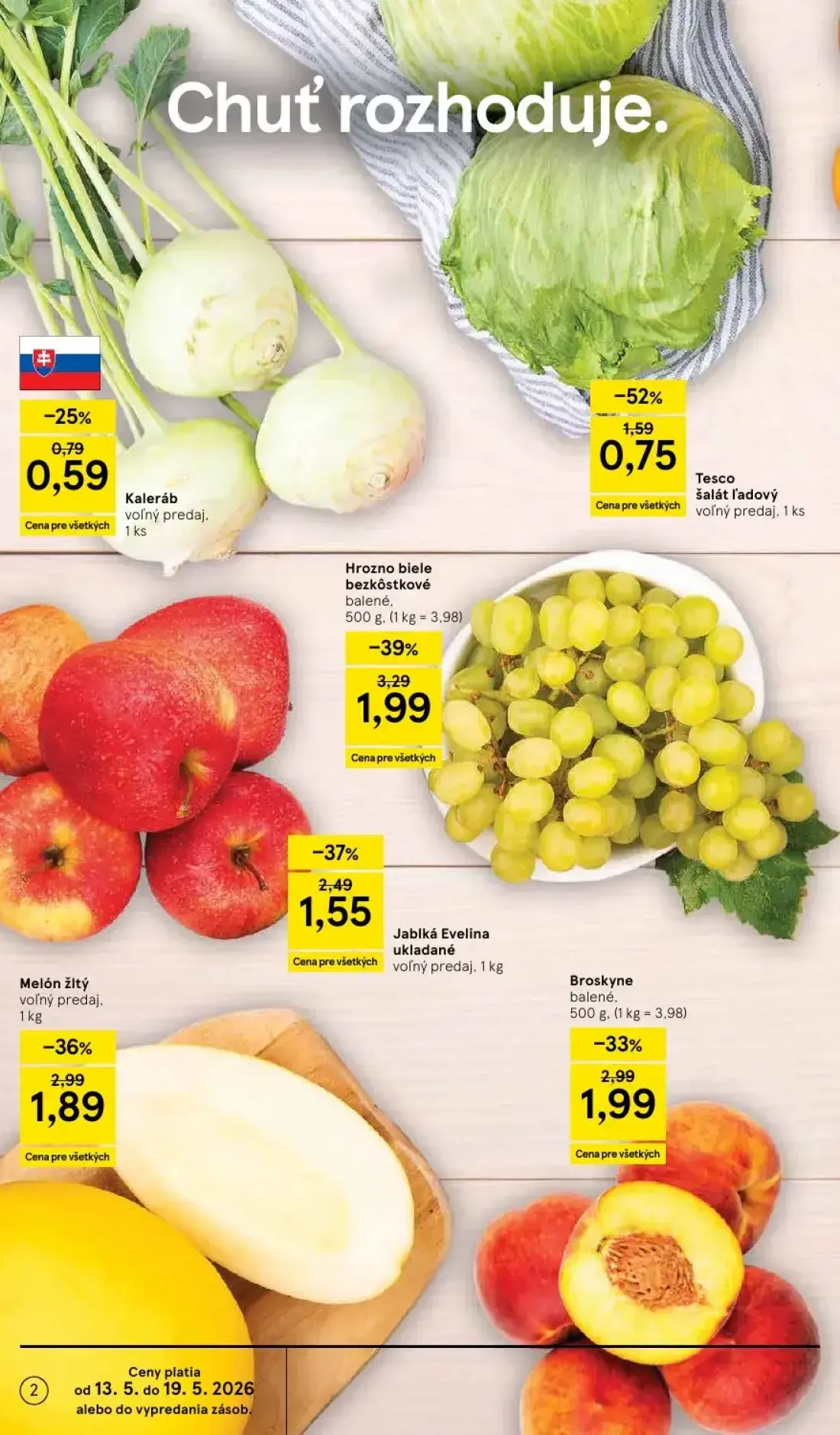 Tesco Supermarket leták, strana 2 z 31 — Hrozno biele bezkôstkové balené., Melón žltý, Broskyne balené.