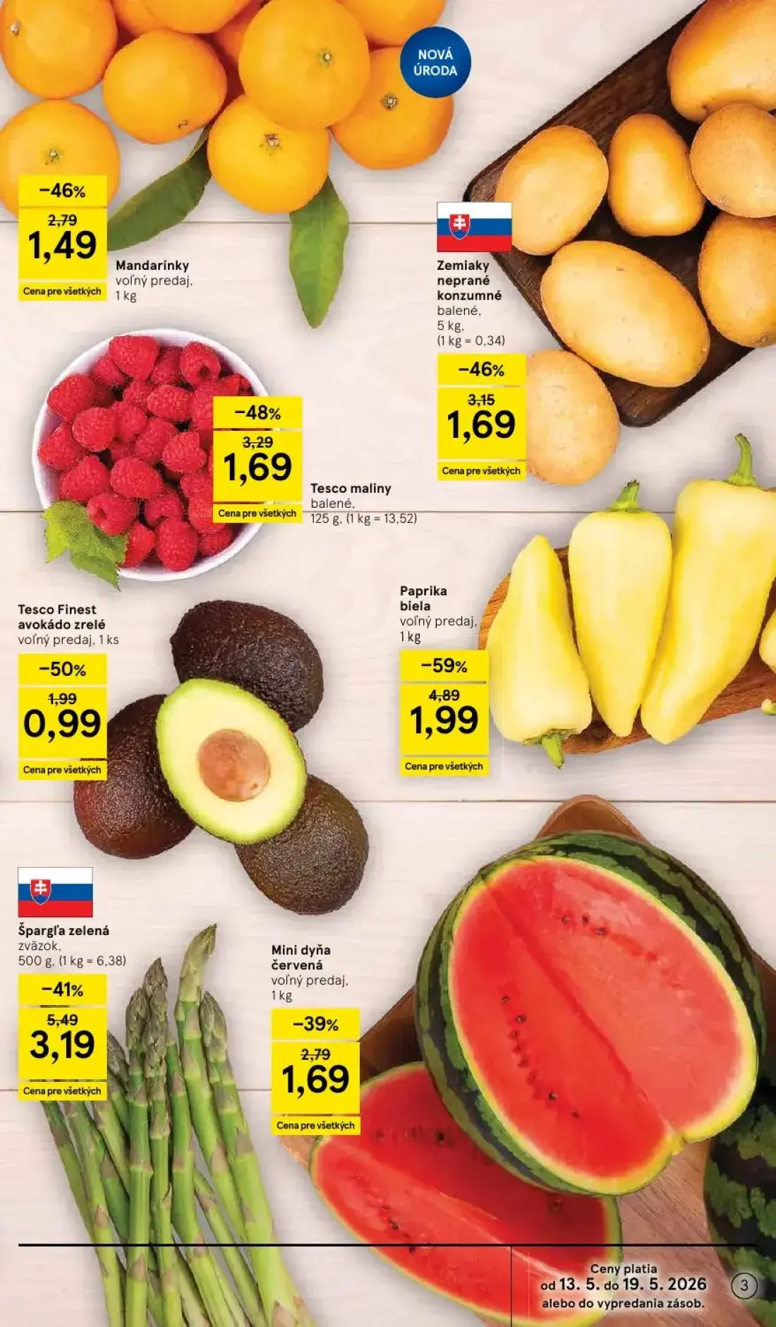 Tesco Supermarket leták, strana 3 z 31 — Špargľa zelená zväzok, Tesco maliny balené, Mandarínky