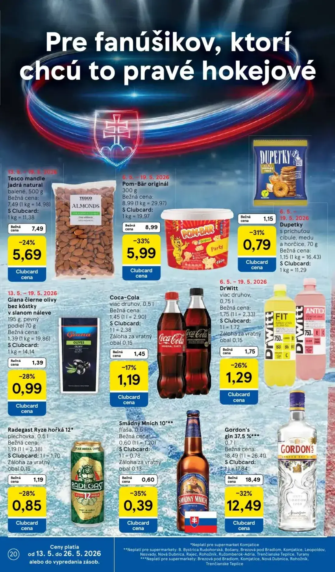 Tesco Supermarket leták, strana 20 z 31 — Pom-Bär originál, Tesco mandle jadrá natural, DrWitt viac druhov