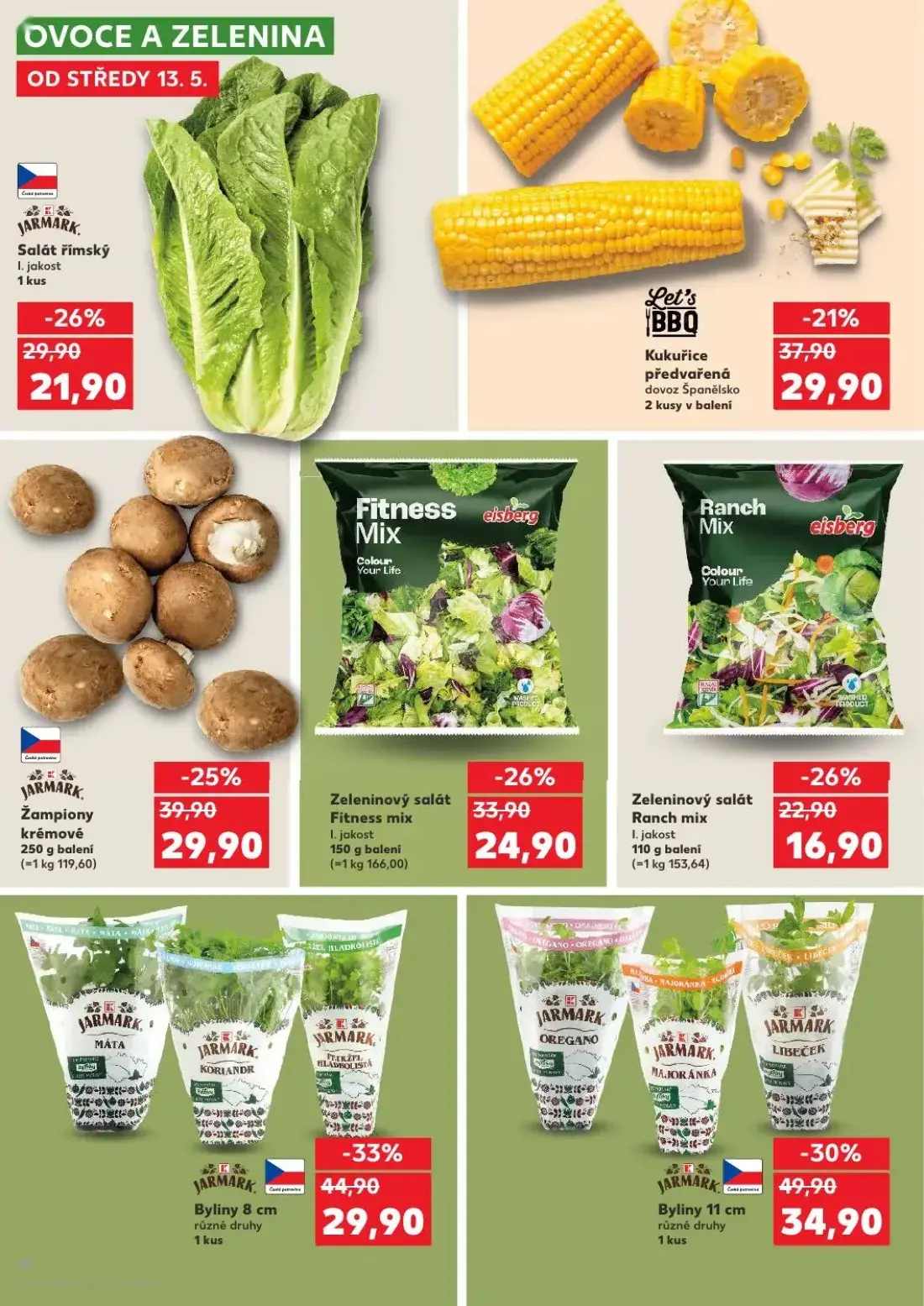 Kaufland leták, strana 10 z 62 — Žampiony krémové, Salát římský, Kukuřice předvařená