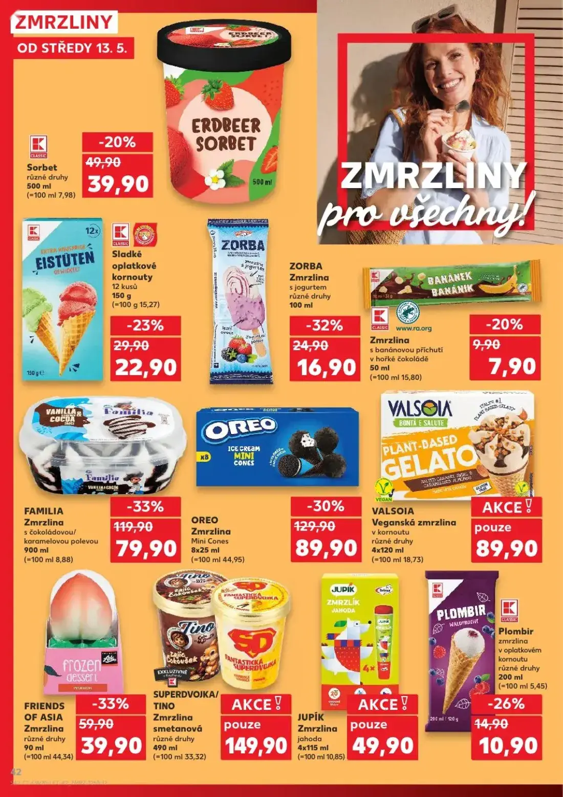 Kaufland leták, strana 42 z 62 — FAMILIA Zmrzlina s čokoládovou/karamelovou polevou, OREO Zmrzlina Mini Cones, FRIENDS OF AS…