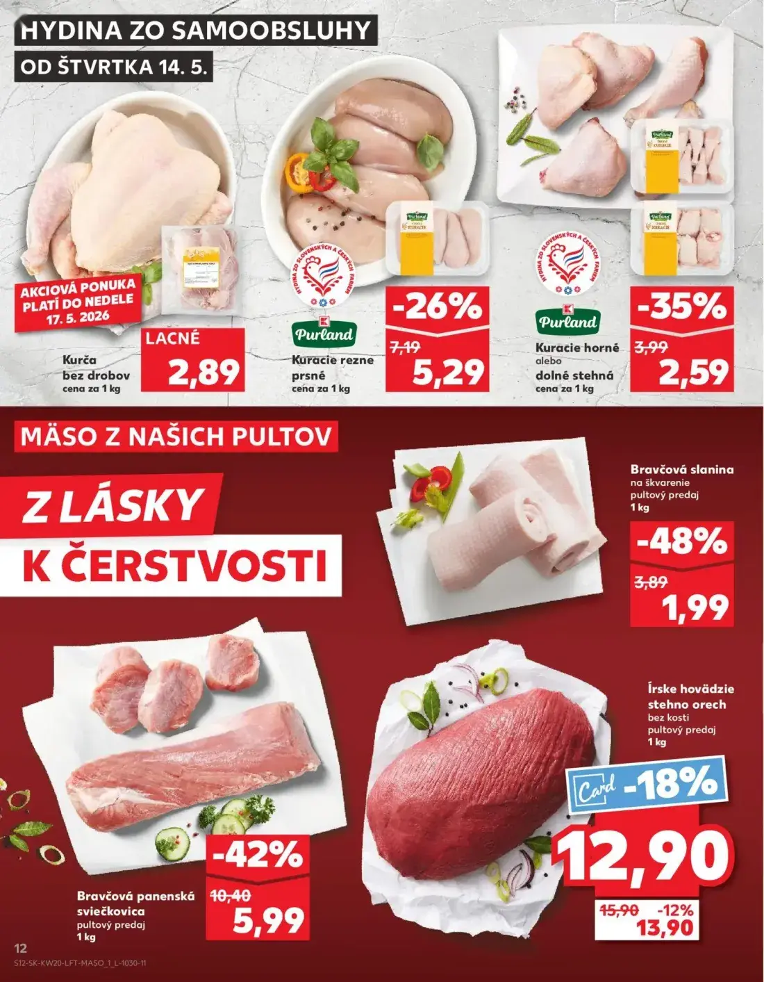 Kaufland leták, strana 12 z 76 — Bravčová panenská sviečkovica, Kuracie rezne prsné, Bravčová slanina na škvarenie