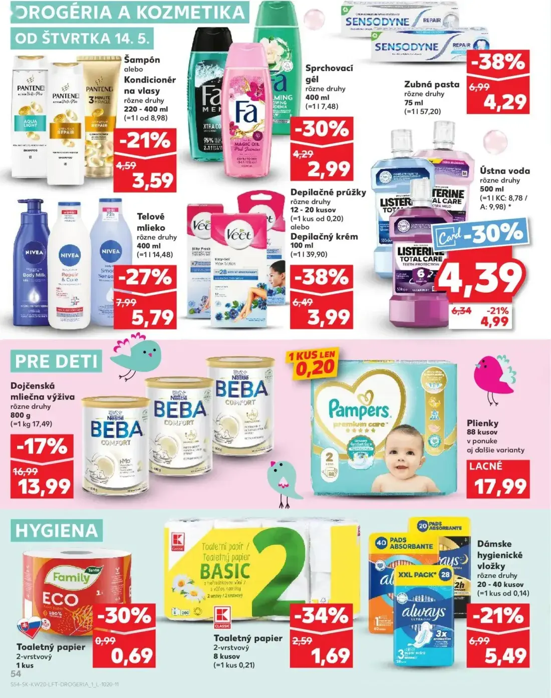 Kaufland leták, strana 54 z 76 — Zubná pasta, Depilačné prúžky alebo Depilačný krém, Telové mlieko