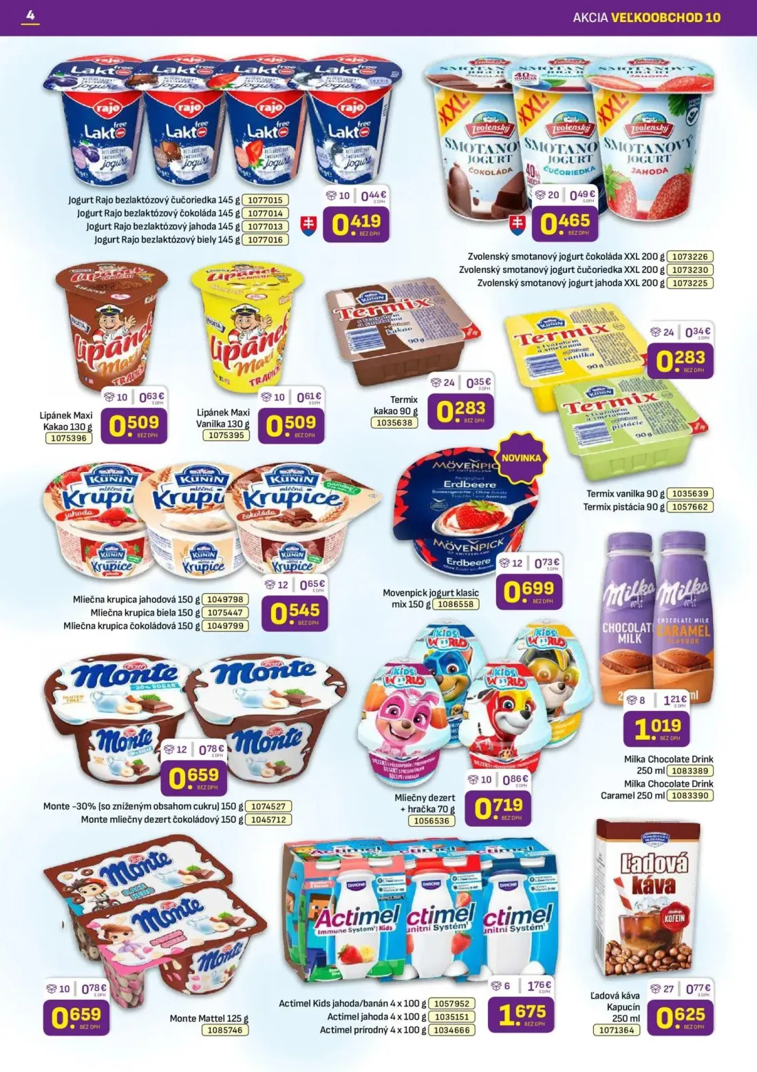 Libex leták, strana 4 z 36 — Mliečny dezert + hračka, Monte Mattel, Actimel Kids jahoda/banán