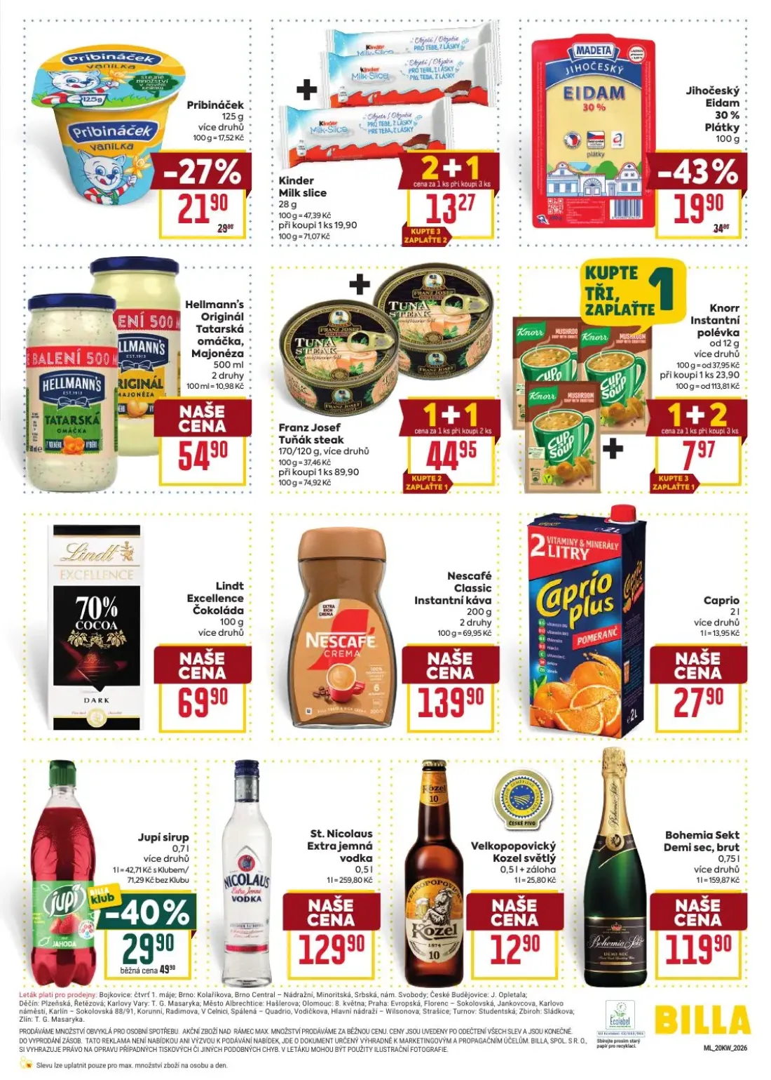 Billa leták, strana 3 z 4 — Pribináček, Kinder Milk slice, Nescafé Classic Instantní káva