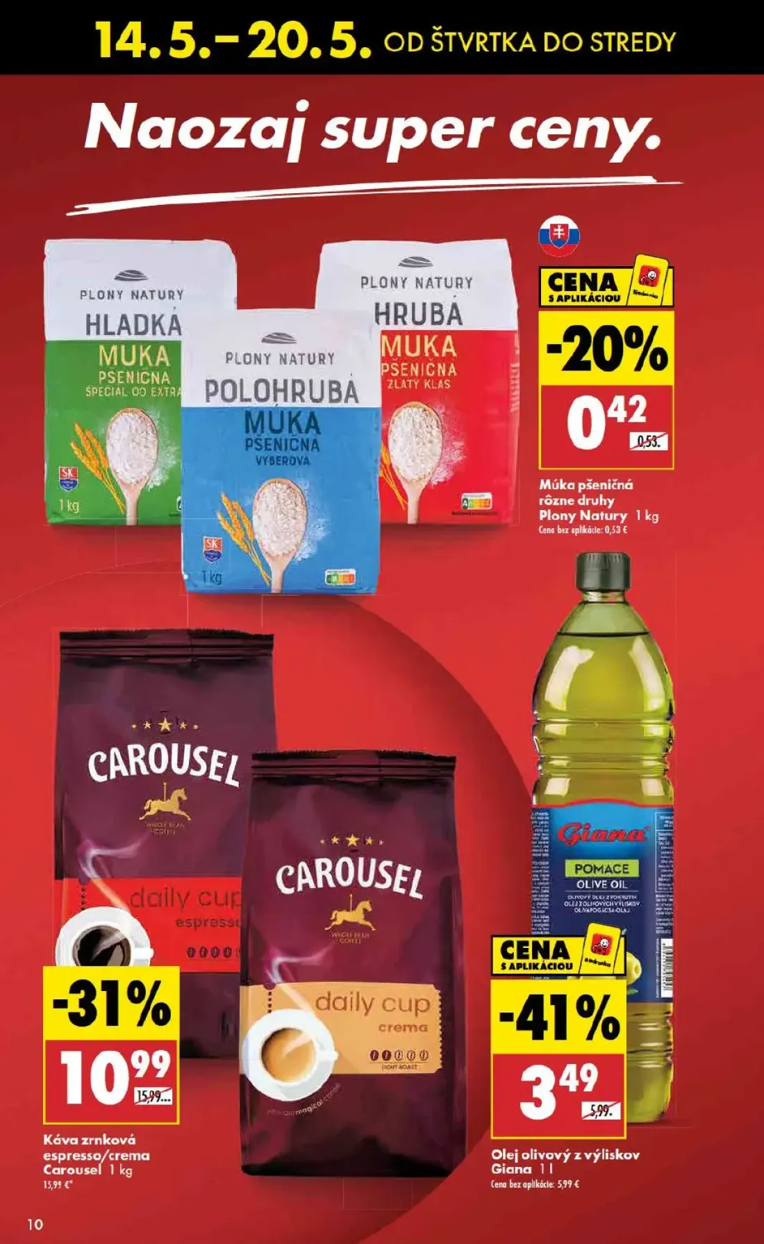 Biedronka leták, strana 10 z 48 — Káva zrnková espresso/crema Carousel, Olej olivový z výliskov Giana, Múka pšeničná rôzne d…