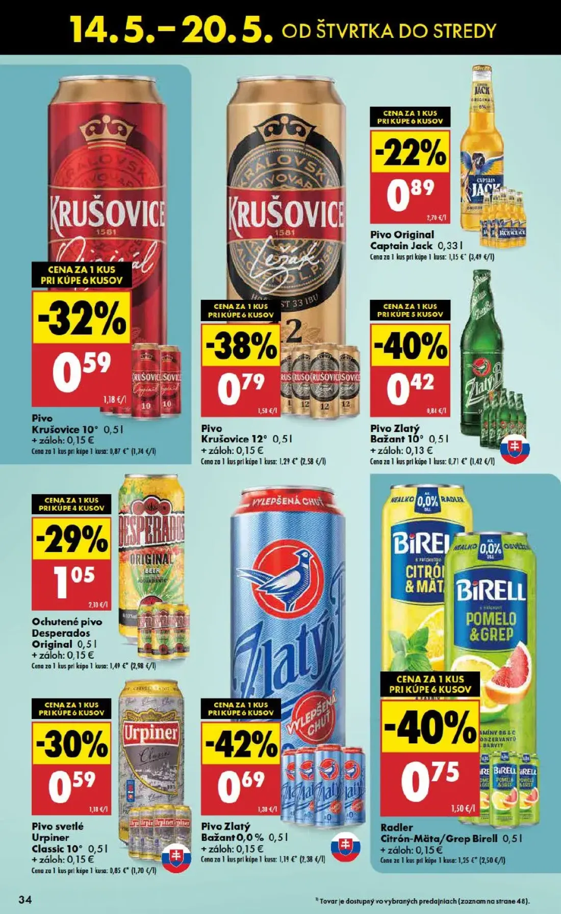 Biedronka leták, strana 34 z 48 — Pivo Krušovice 12°, Pivo Zlatý Bažant 0,0%, Radler Citrón-Mäta/Grep Birell