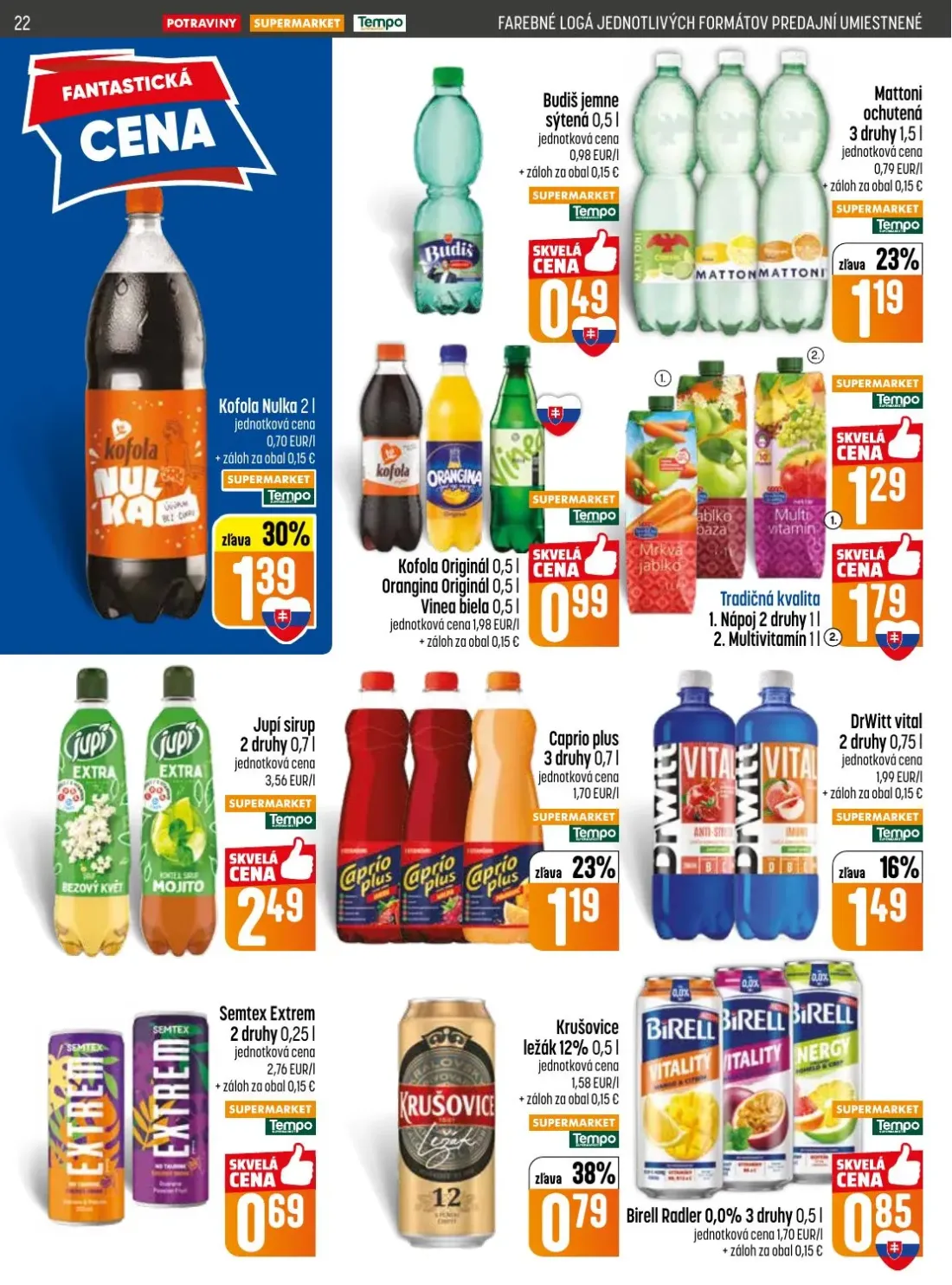 Coop Jednota leták, strana 22 z 28 — Kofola Nulka, Krušovice ležák 12%, Kofola Originál