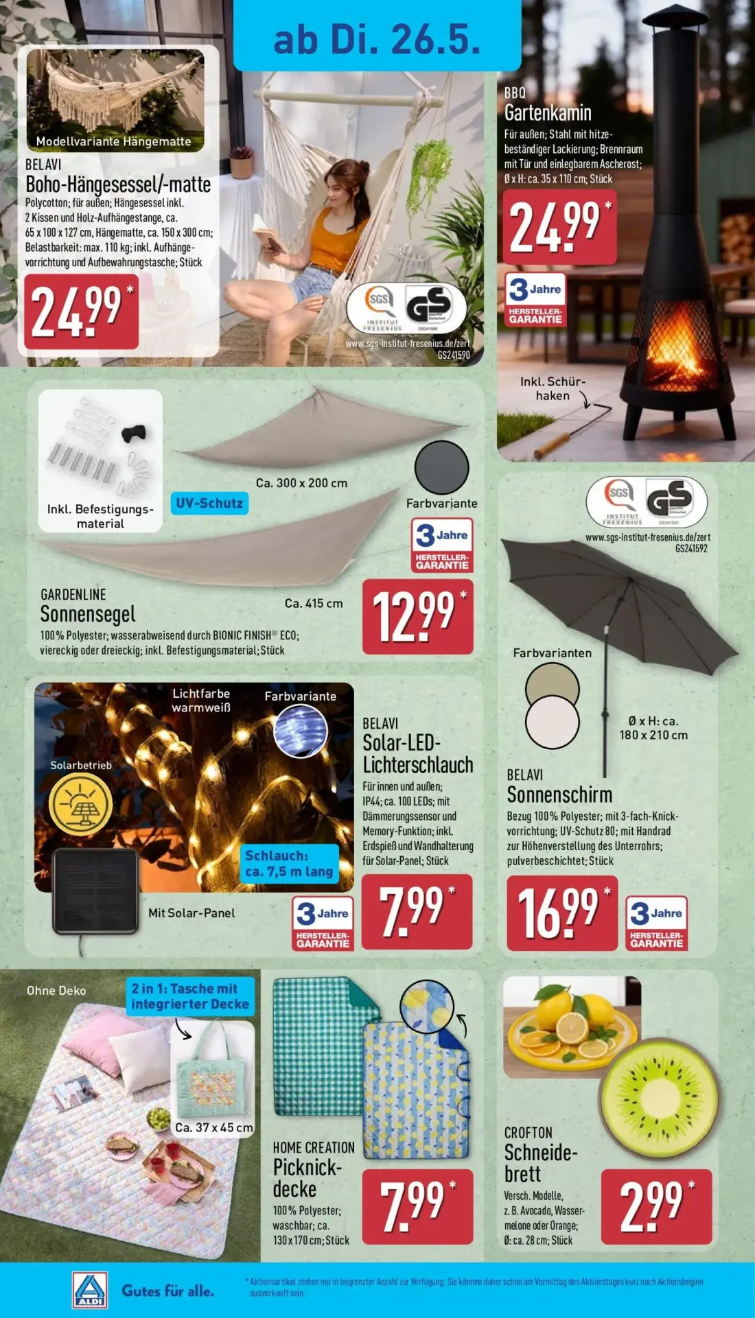 Aldi Nord Prospekt, Seite 4 von 14 — BELAVI Boho-Hängesessel/-matte, BBQ Gartenkamin, GARDENLINE Sonnensegel