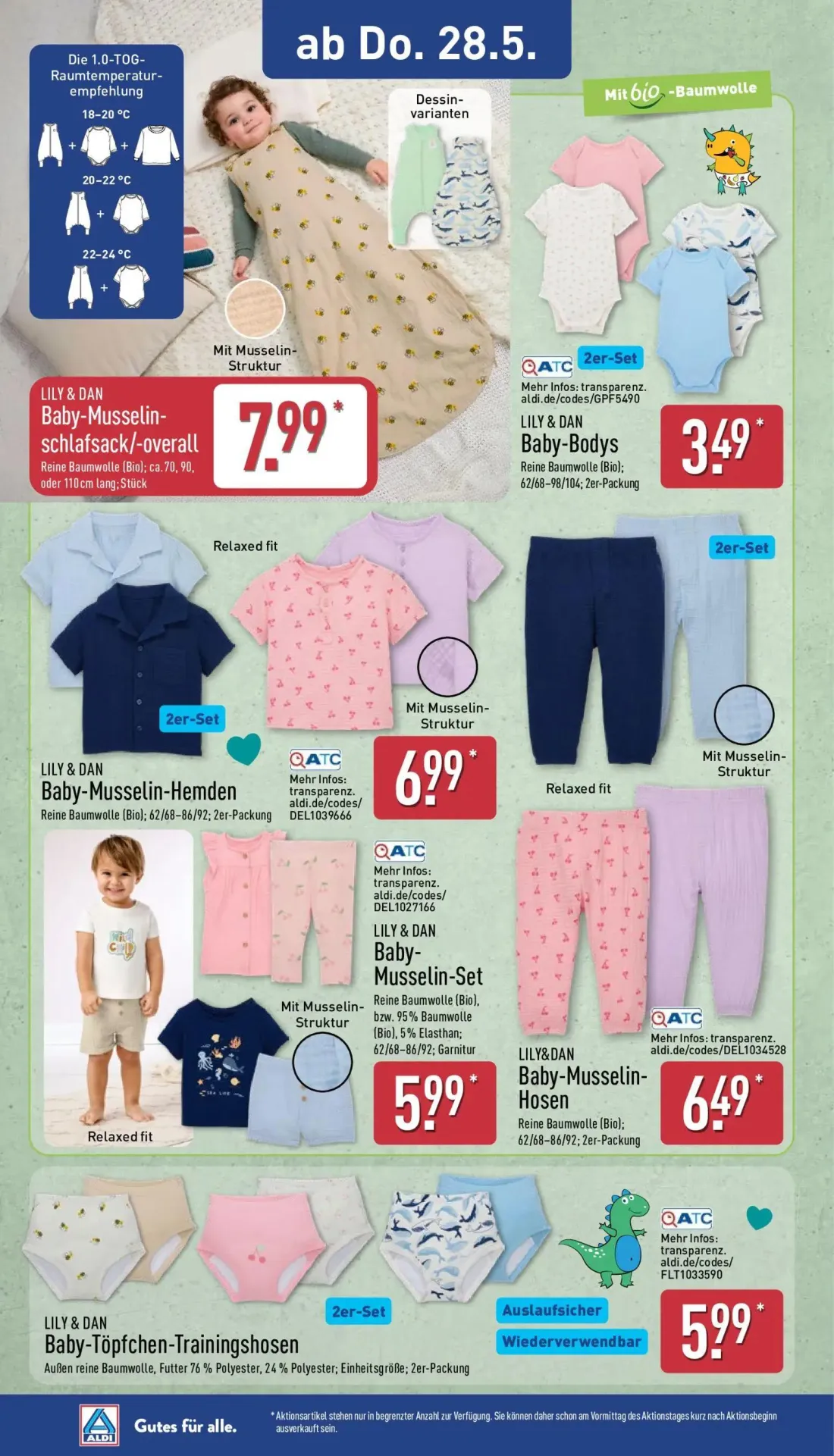 Aldi Nord Prospekt, Seite 8 von 14 — Baby-Musselin-schlafsack/-overall, Baby-Bodys, Baby-Musselin-Hemden