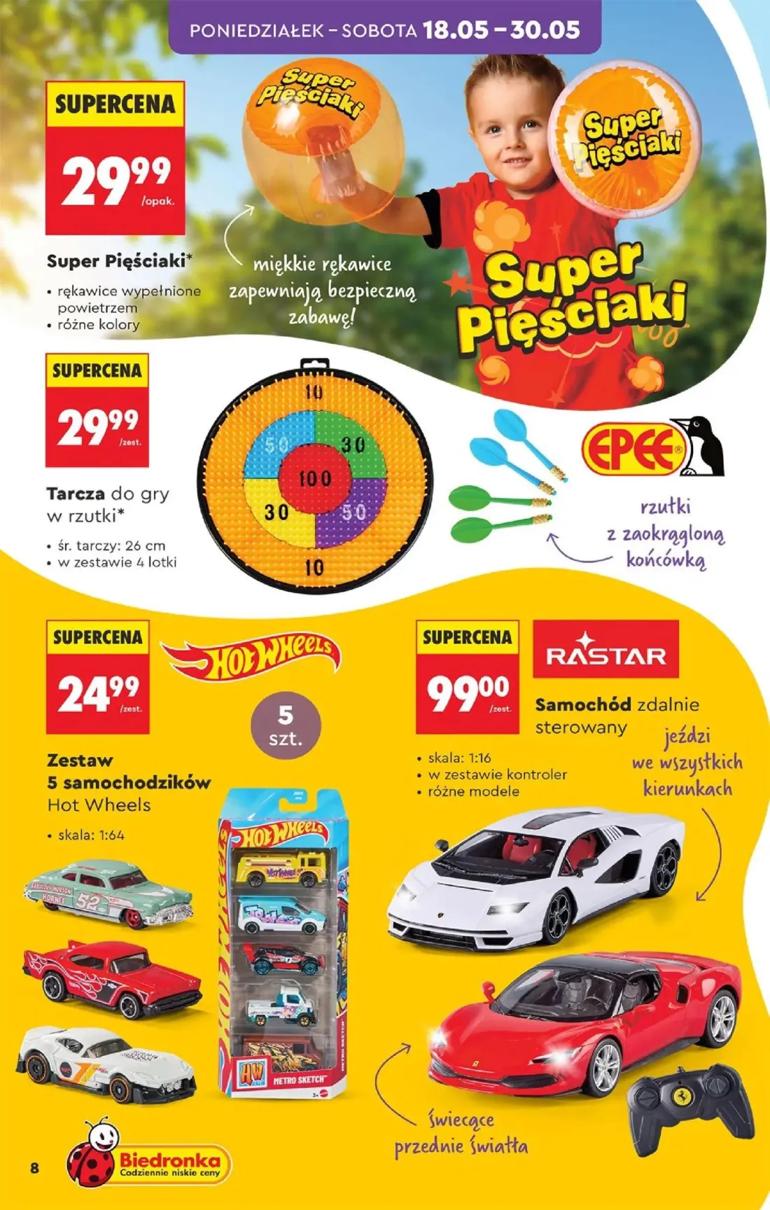 Biedronka gazetka, strona 8 z 40 — Super Pięściaki, Tarcza do gry w rzutki, Zestaw 5 samochodzików Hot Wheels