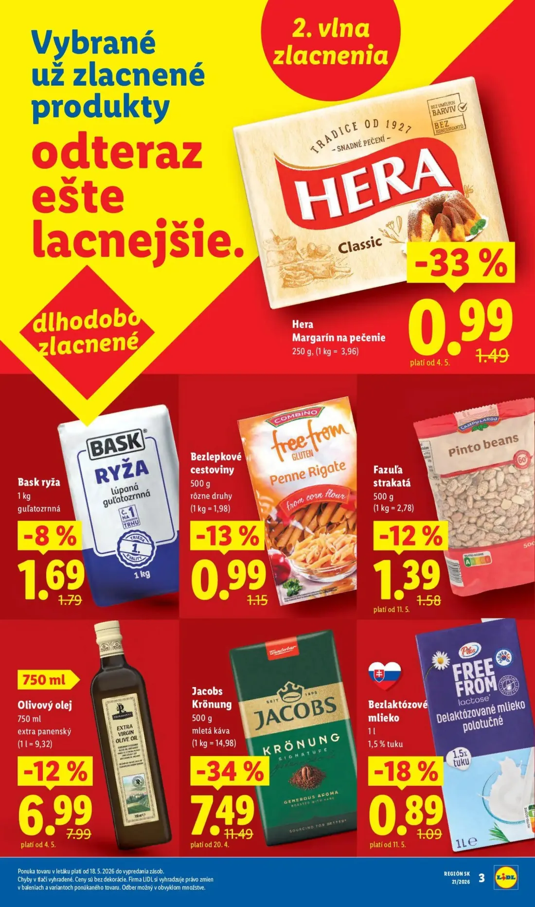 Lidl leták, strana 3 z 94 — Jacobs Krönung mletá káva, Bezlaktózové mlieko polotučné, Fazuľa strakatá